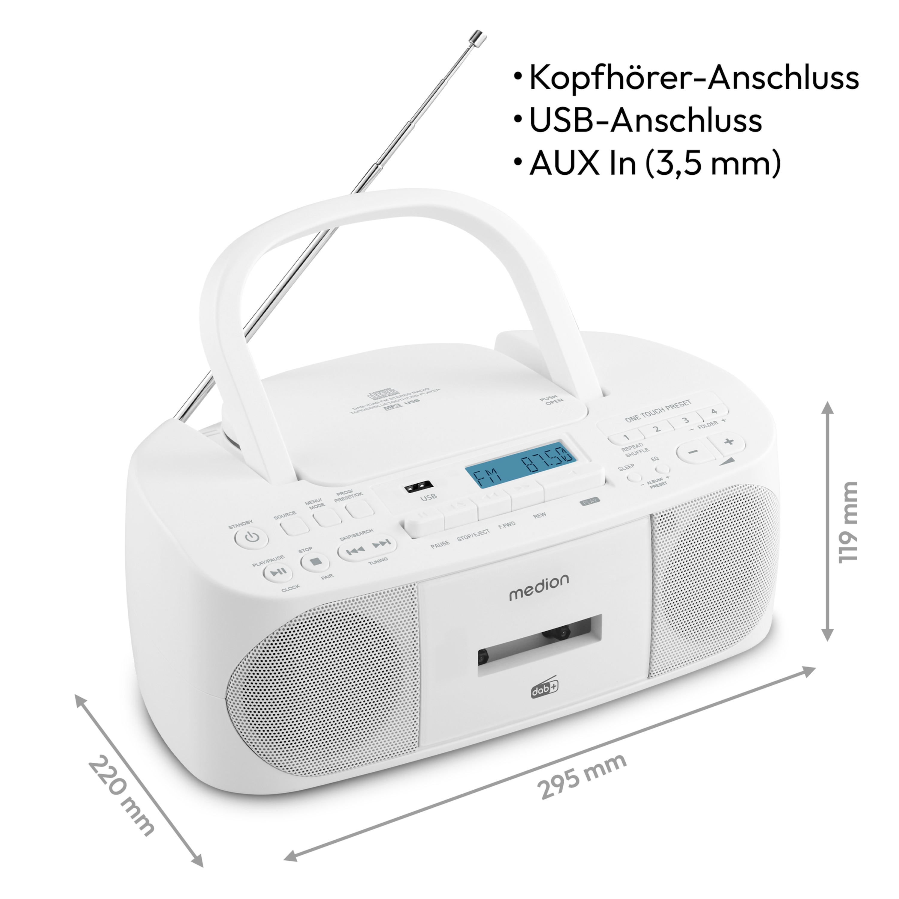 MEDION® LIFE® DRX-1 Plus Boombox, DAB+/PLL-UKW-Stereo Radio, Bluetooth® 5.4, CD-Kassetten-Radio mit MP3-Wiedergabe, USB Anschluss, CD-R/RW kompatibel, AUX-In, 2 x 3 W RMS