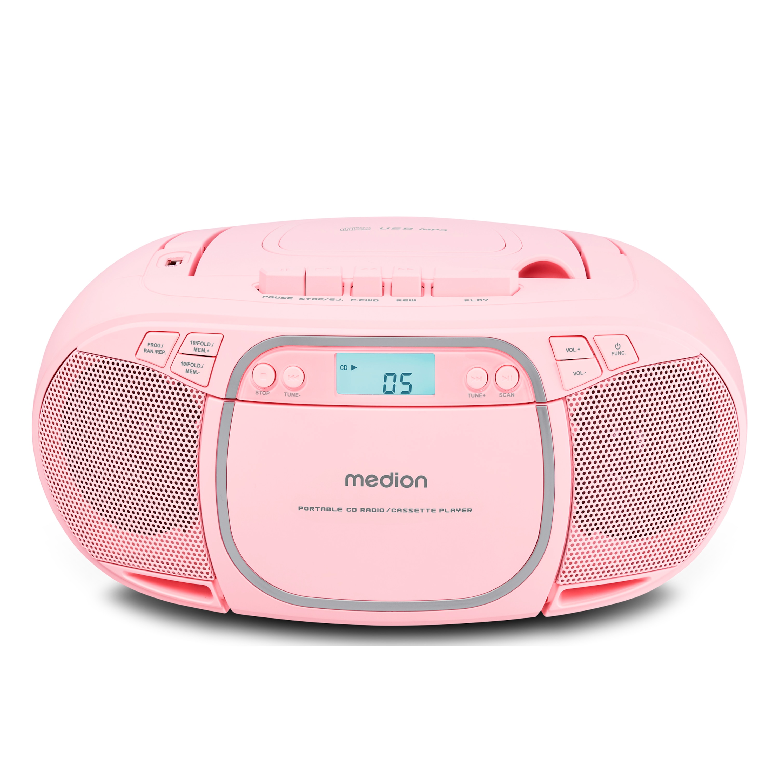 MEDION® LIFE E66476 Tragbare CD-Boombox, CD-Player, Kassettendeck, FM-Radio, USB-MP3-Wiedergabe, 30 Senderspeicher, Batteriebetrieb