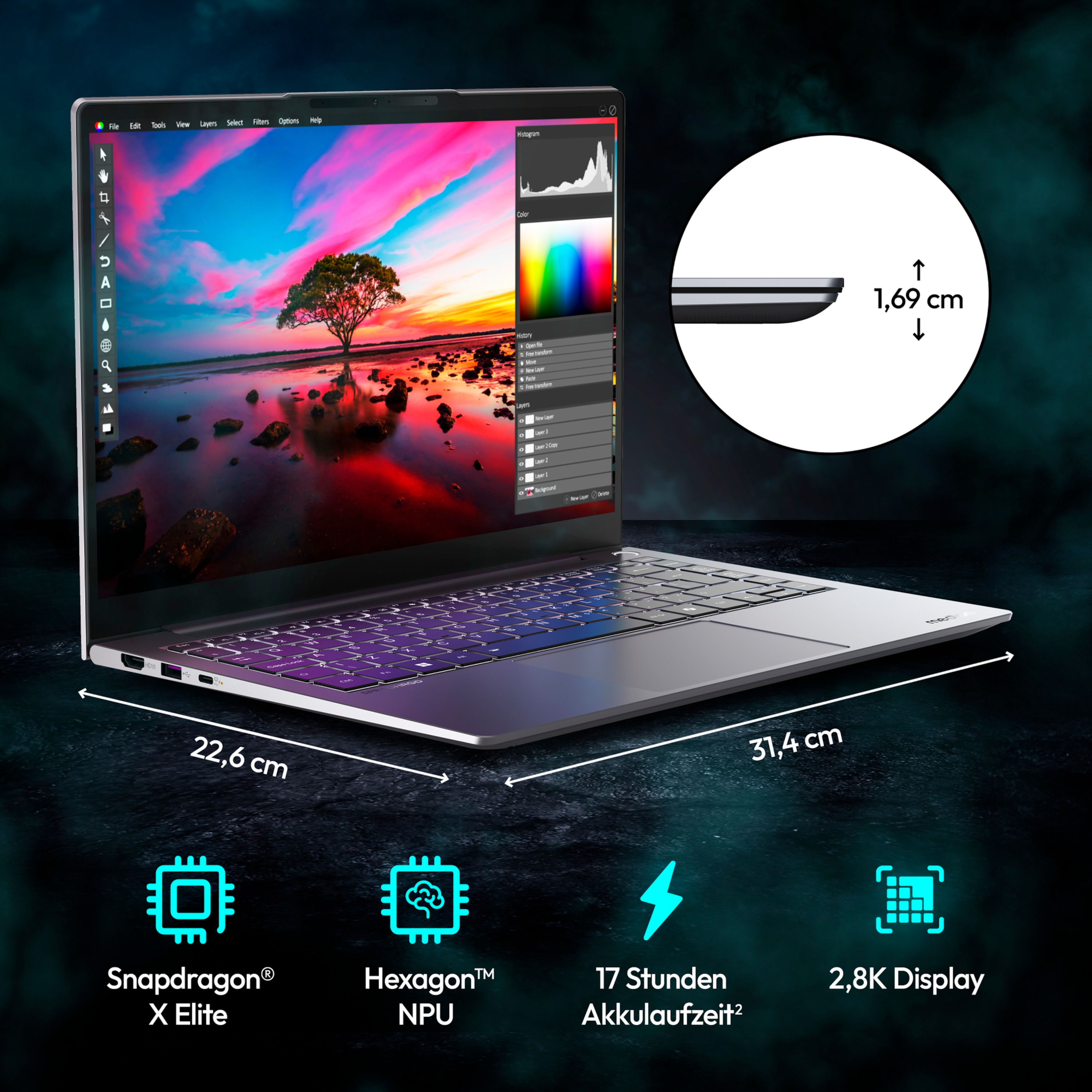 MEDION SPRCHRGD 14 S1 Elite; Copilot+ PC, Snapdragon® X Elite, Windows&nbsp;11&nbsp;Home, 35,56 cm (14“) 2,8K Display, 1 TB SSD, 32 GB RAM