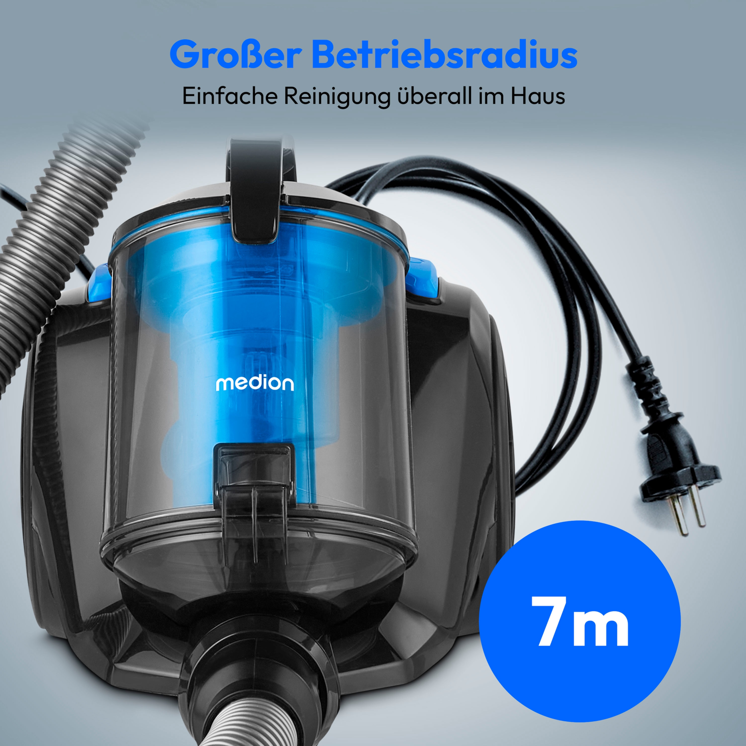 MEDION® E2001 Beutelloser Zyklon-Staubsauger (MD12078), 18 kPa Saugleistung, Staubbehälterkapazität 2 L, HEPA Filter, variable Saugstufen, integriertes Zubehör