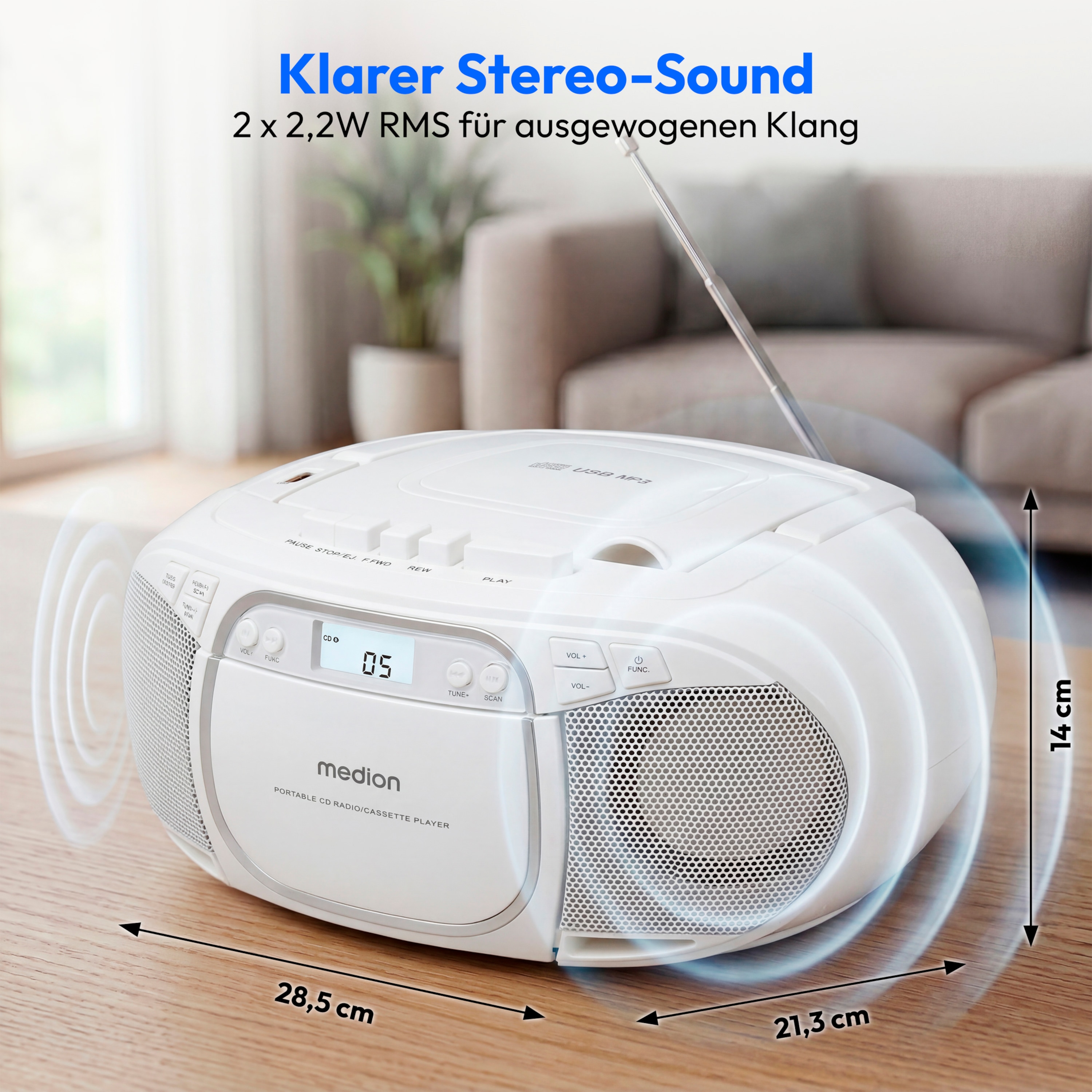 MEDION® LIFE E66476 Tragbare CD-Boombox, CD-Player, Kassettendeck, FM-Radio, USB-MP3-Wiedergabe, 30 Senderspeicher, Batteriebetrieb