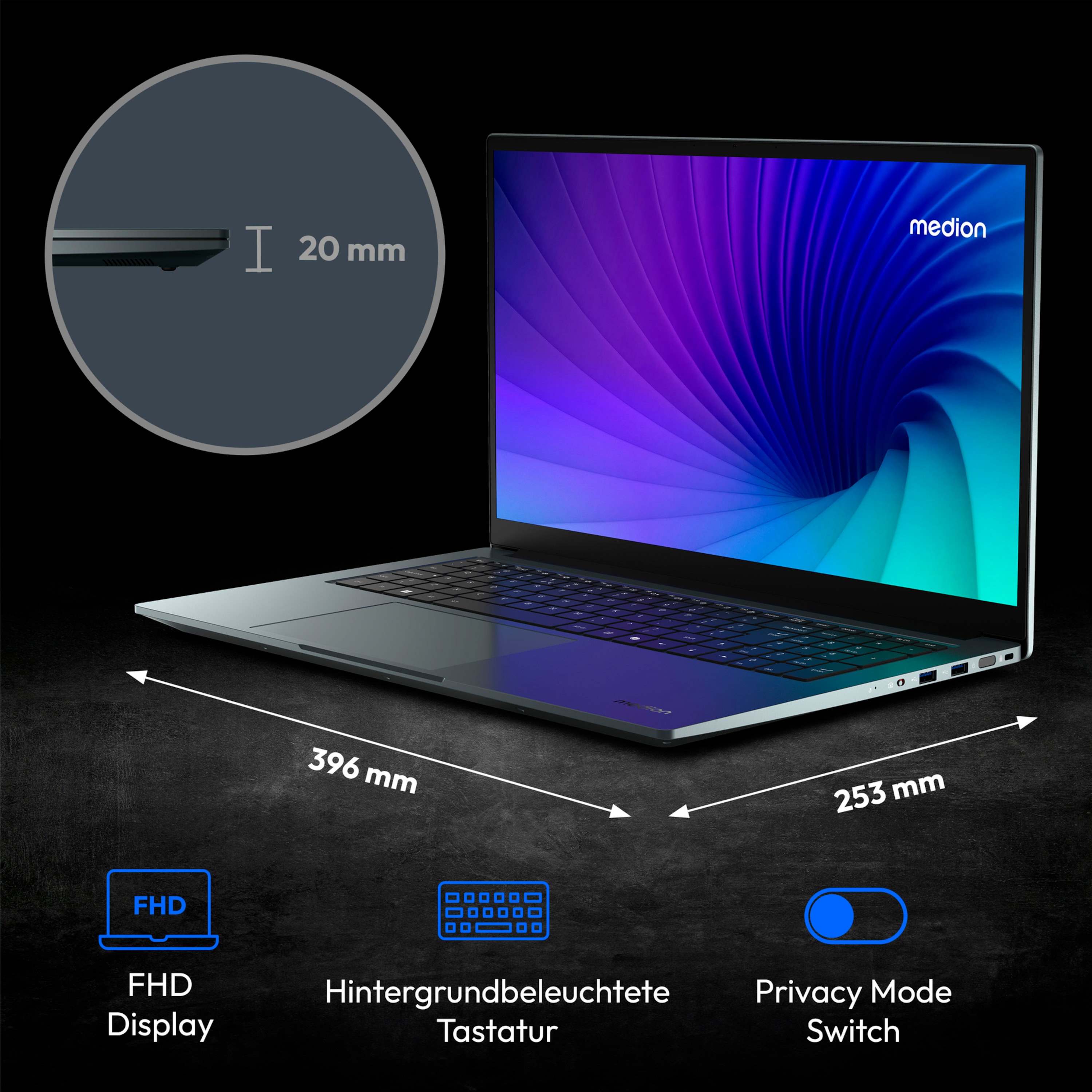 MEDION® S20 Laptop, Intel® Core™ Ultra 7 155H, Windows 11 Home, 43,9 cm (17,3") FHD Display, 1 TB SSD, 16 GB RAM