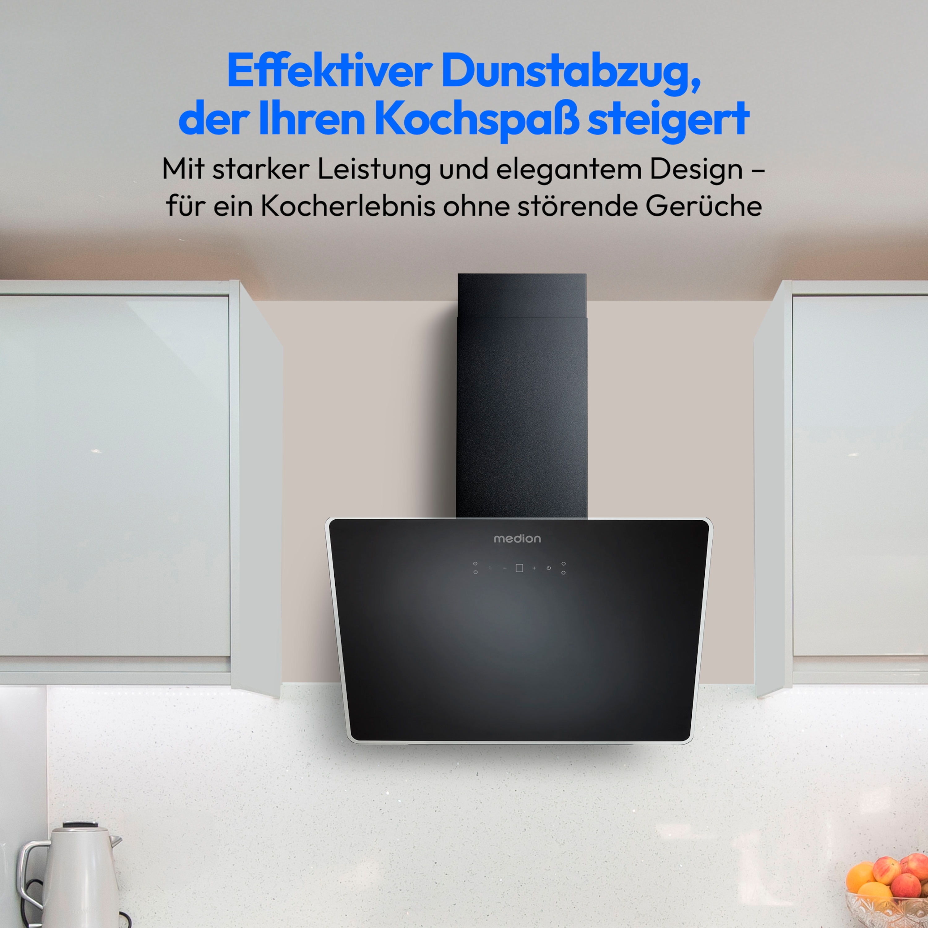 MEDION® Kopffreie Glas-Dunstabzugshaube MD 37774, Breite 60cm, LED-Beleuchtung, 3 Geschwindigkeitsstufen, Steuerung per Touch oder mit Gesten
