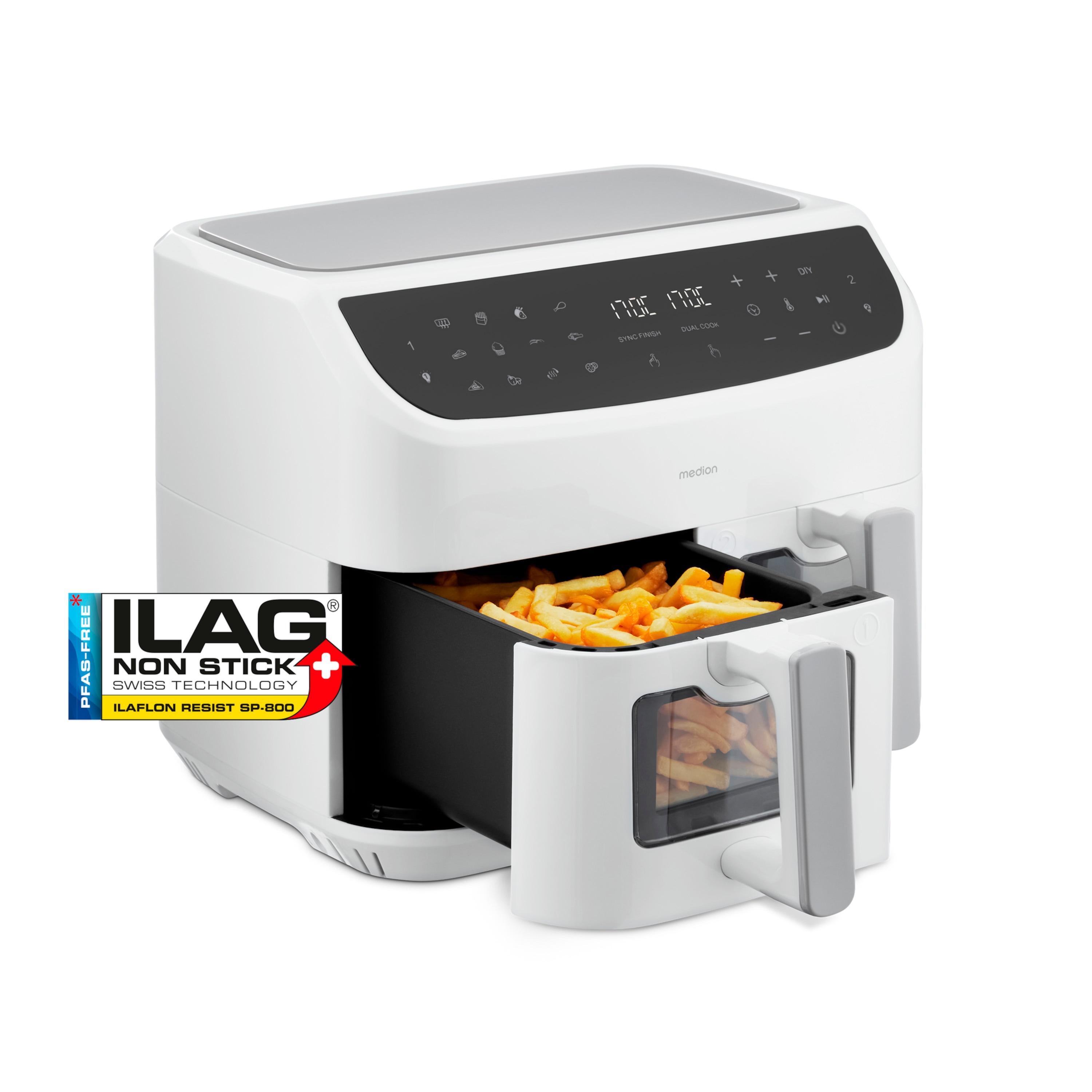 MEDION® LIFE® P20 XXL Twin Matt Doppelzonen-Heißluftfritteuse MD11760, 100 Rezepte in der Life+ App, 2 separate Garzonen, 9 Automatikprogramme, 8,7 L Gesamt-Nutzinhalt, 2.600 Watt, Temperatur einstellbar bis 200 °C