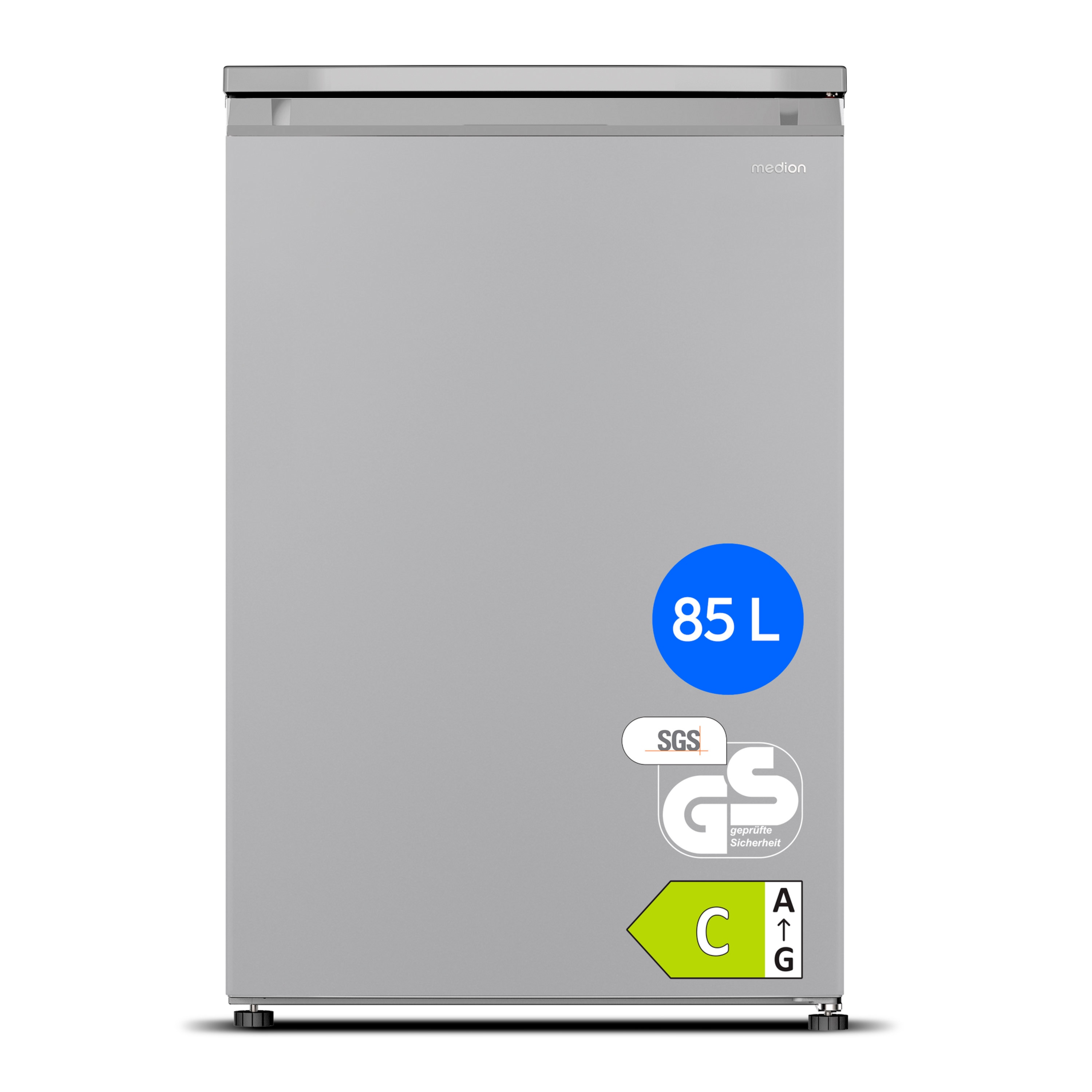 MEDION® LIFE Gefrierschrank MD370018 Silber, 85 L Nutzinhalt, 3 Türfächer, manuelle Abtauung, Temperaturbereich 0–5 °C, Energieklasse C, leiser Kompressorbetrieb (39 dB), wechselbarer Türanschlag