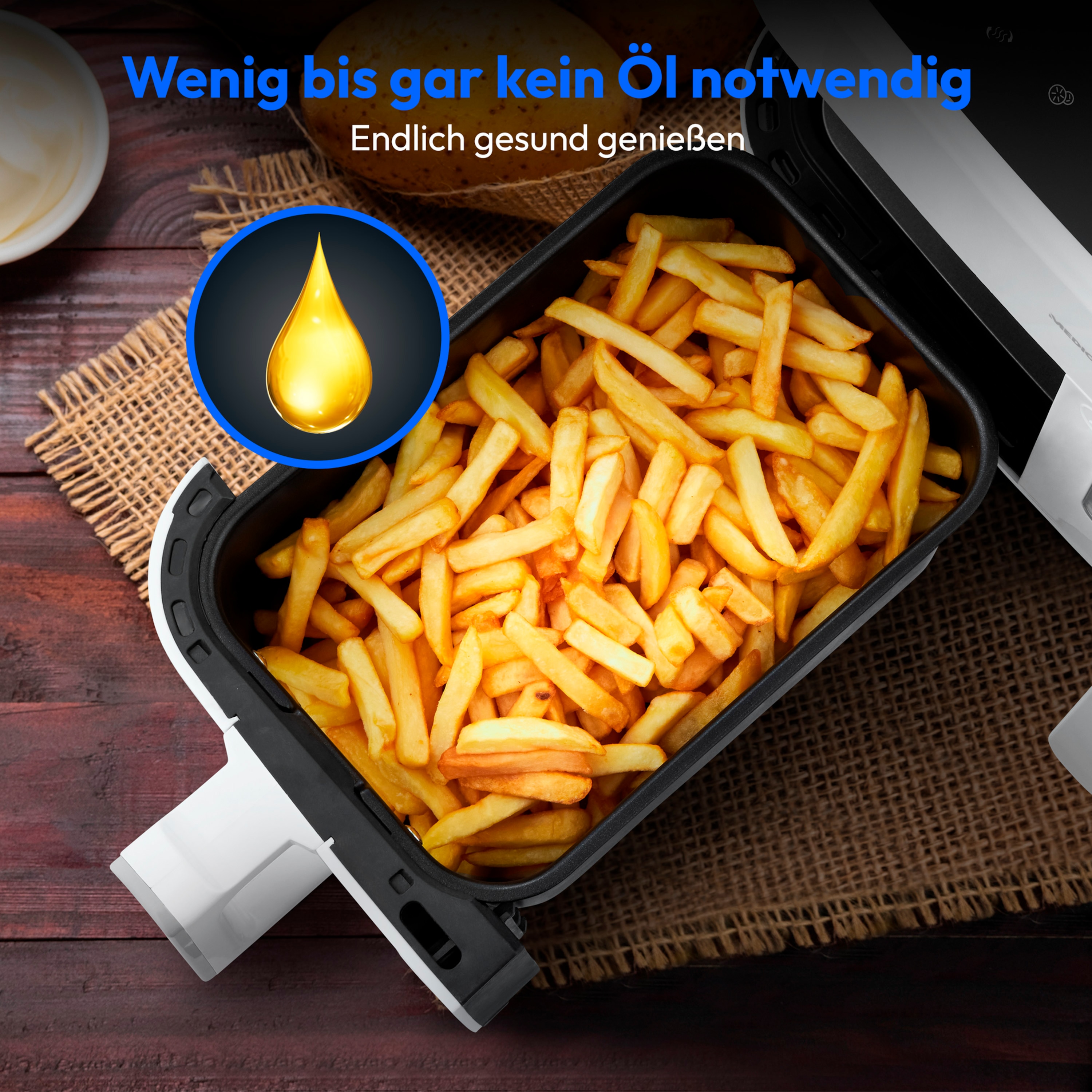 MEDION® LIFE® P20 XXL Twin Matt Doppelzonen-Heißluftfritteuse MD11760, 100 Rezepte in der Life+ App, 2 separate Garzonen, 9 Automatikprogramme, 8,7 L Gesamt-Nutzinhalt, 2.600 Watt, Temperatur einstellbar bis 200 °C