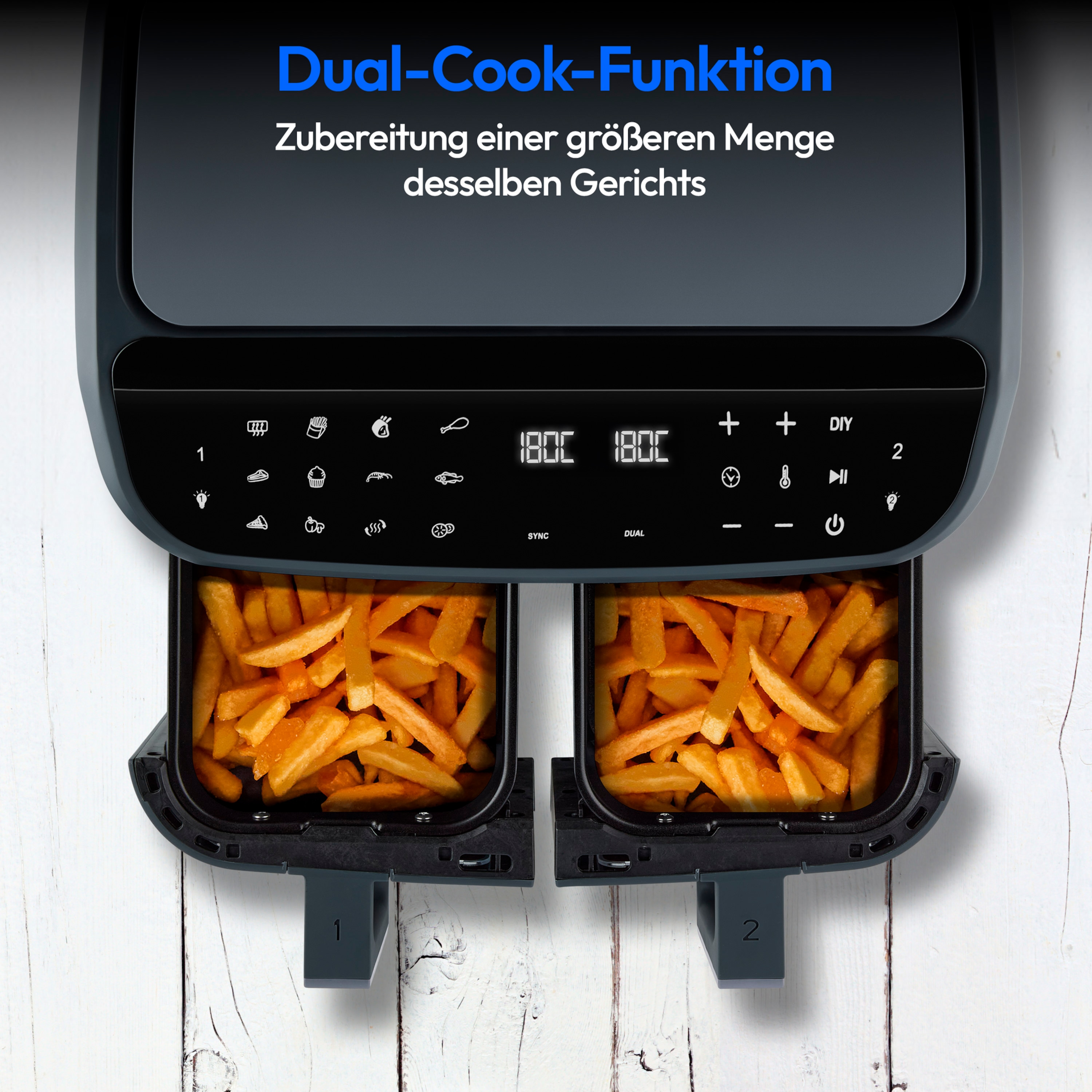 MEDION® LIFE® P20 XXL Twin Doppelzonen-Heißluftfritteuse MD 11760 matt grau, 100 Rezepte in der Life+ App, 2 separate Garzonen, 9 Automatikprogramme, 8,7 L Gesamt-Nutzinhalt, 2.600 Watt, Temperatur einstellbar bis 200 °C
