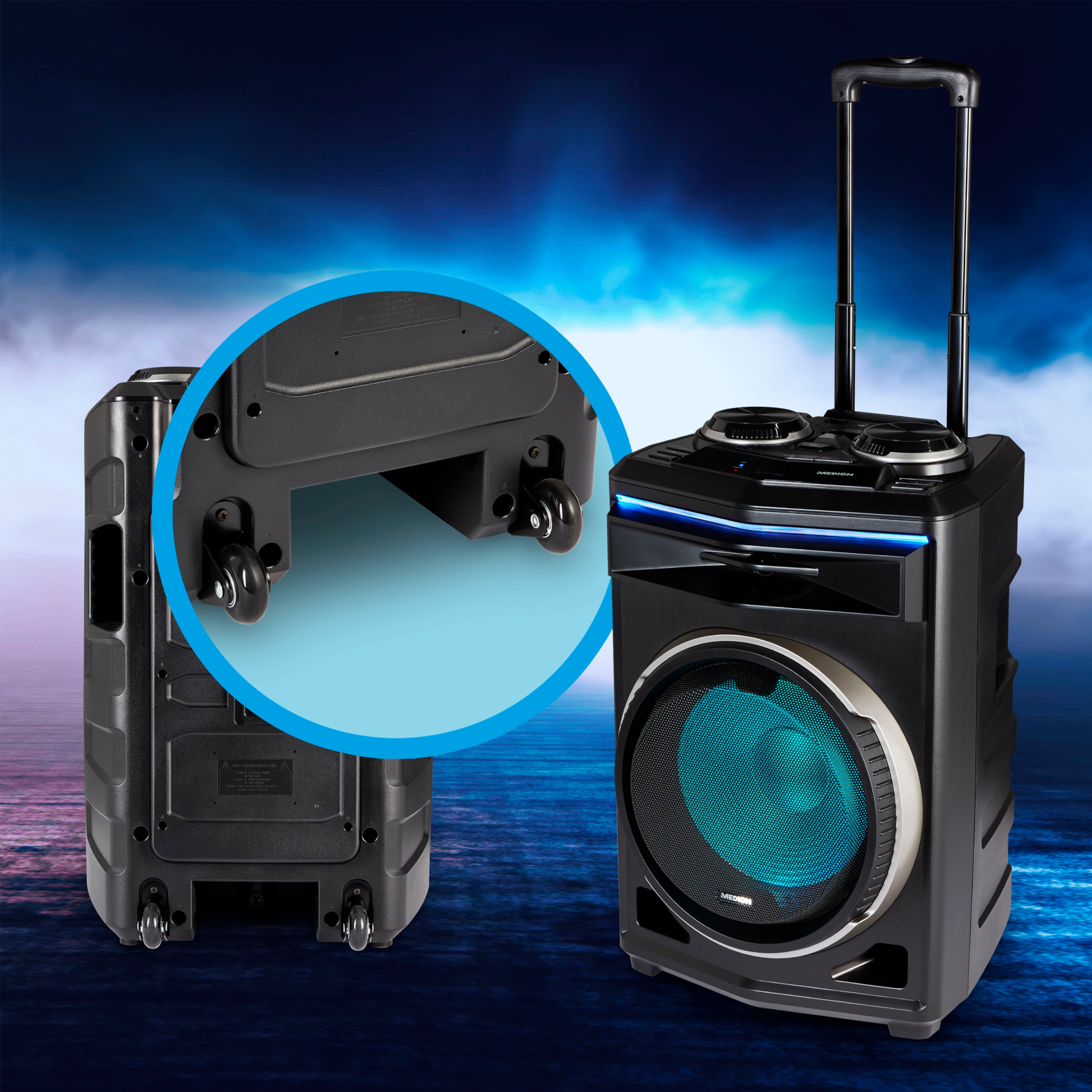 MEDION® LIFE® P61200 Partylautsprecher, tragbares Bluetooth® Soundsystem, verschiedene Lichteffekte, satter Sound, Teleskopgriff und Rollen, 350 W max. Musikausgangsleistung