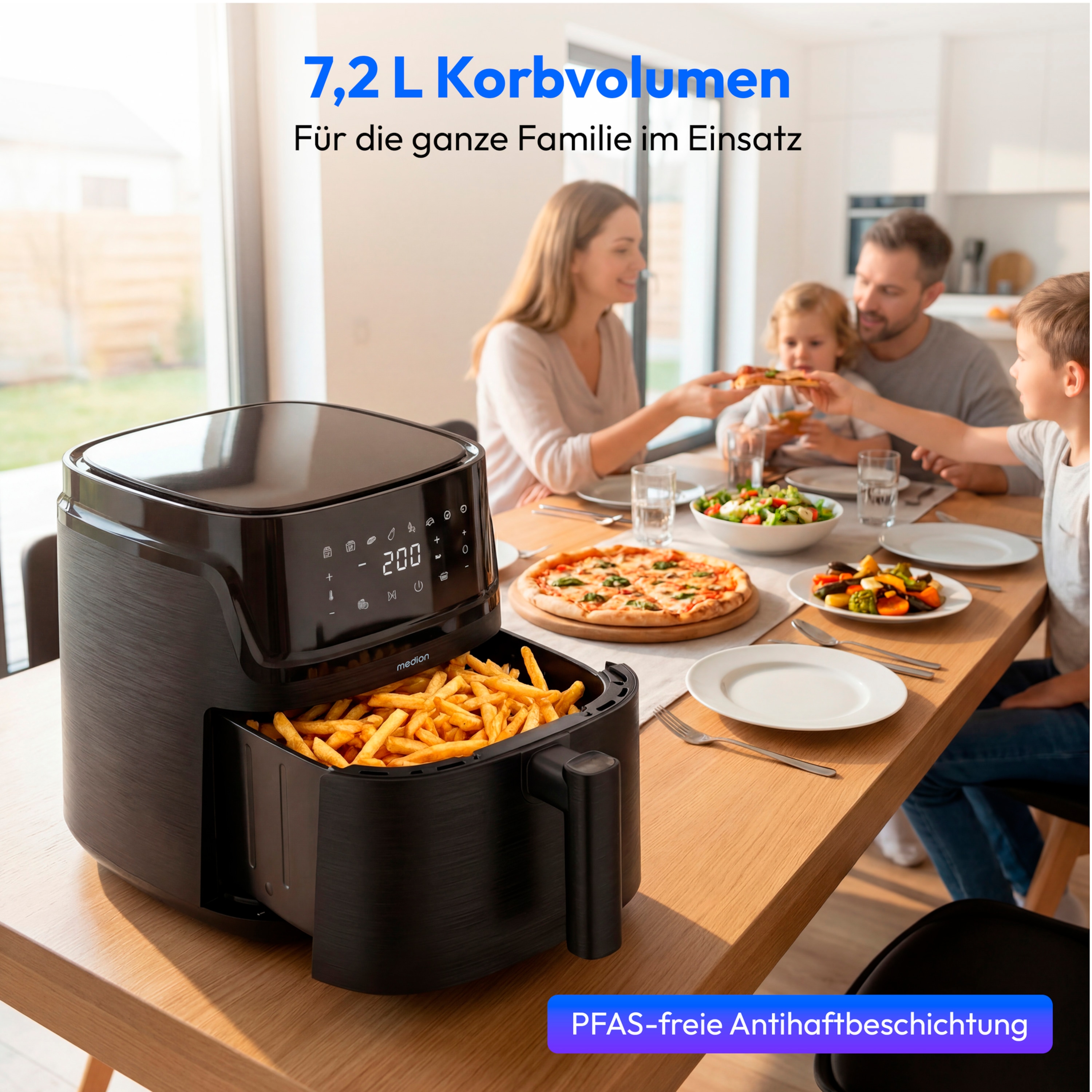 MEDION® LIFE Heißluftfritteuse MD100056, 7,2 L Gesamtvolumen, 10 Automatikprogramme, Edelstahl-Heizelement, digitales Sensor-Touch-Display, Temperatur 40–200 °C, ILAG SP-800 Beschichtung
