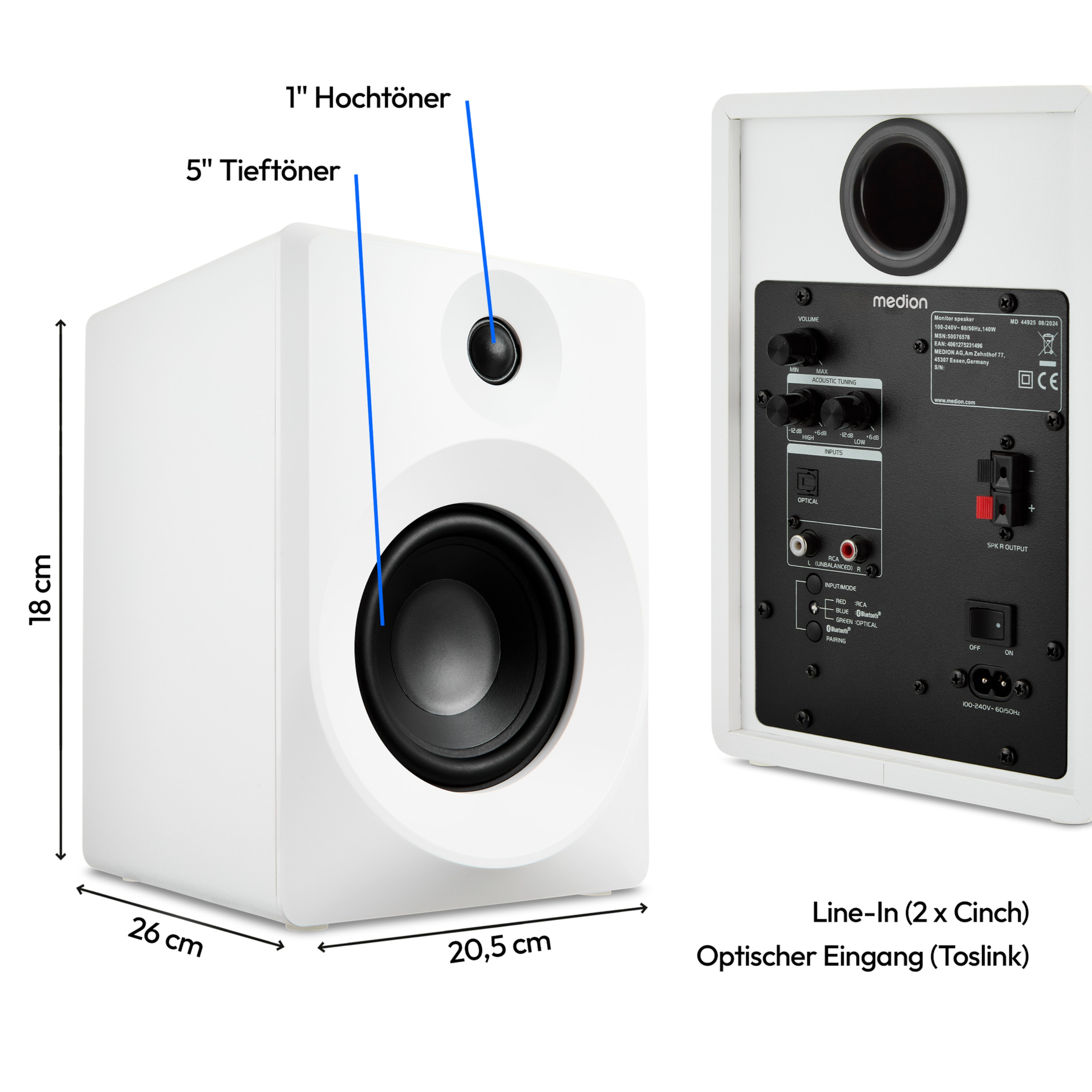 MEDION® LIFE® P61925 Regallautsprecher, aktiver & passiver Lautsprecher, 2-Wege-System, Bluetooth® 5.0, Stereo-Sound mit integriertem Hochtöner und Subwoofer, 2 x 50 W RMS