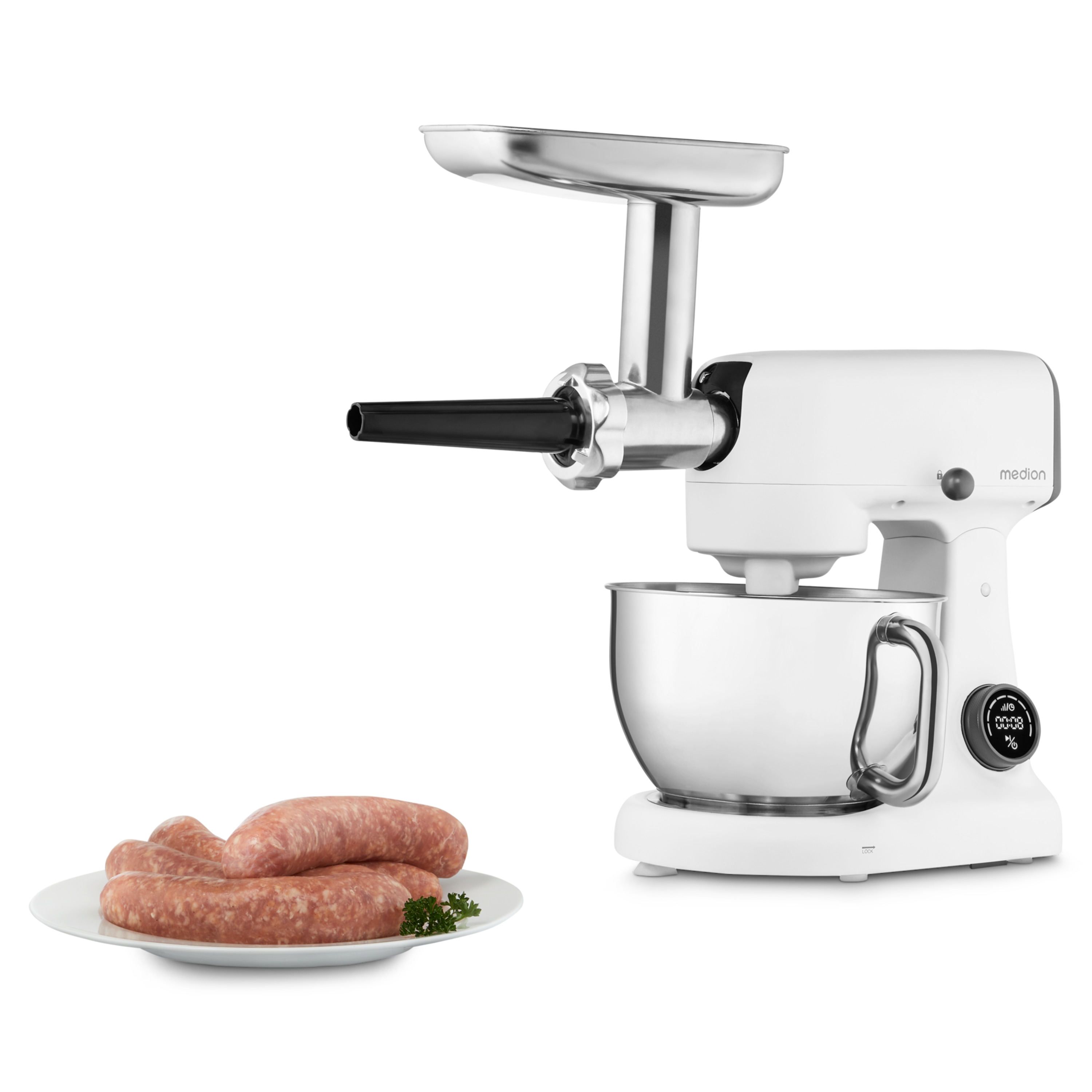 MEDION® LIFE Digitale Küchenmaschine MD12600, 800 W Gleichstrommotor, Energiesparend, Ultraleise, Digitales Sensor-Touch-Display, 4,6 L Edelstahlschüssel, Inkl. Fleischwolf