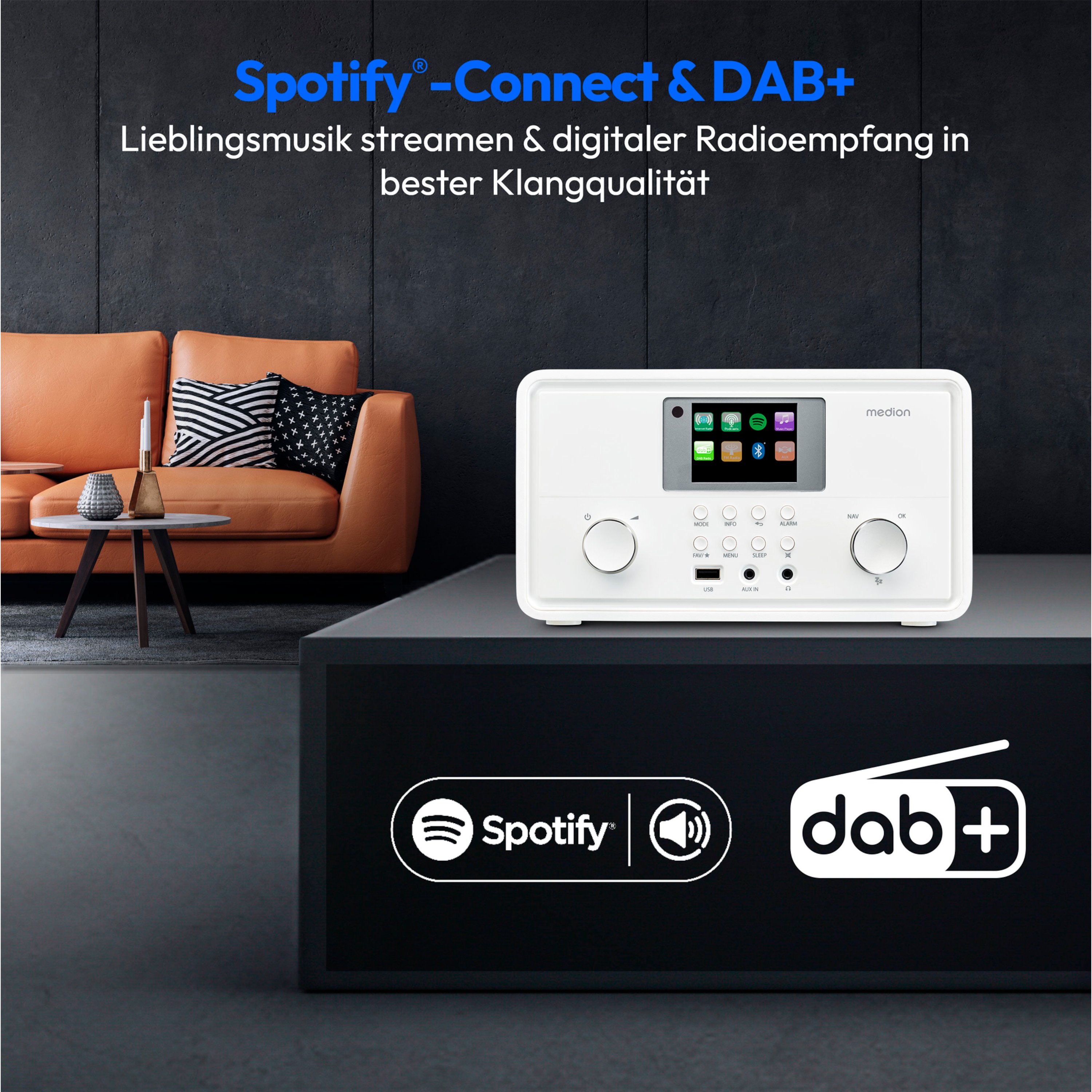 MEDION® LIFE® P85027 Stereo Internetradio, 7,1 cm (2,8'') TFT-Display, 25.000+ Internetradiosender & zahlreiche Podcasts, DAB+/UKW-Radio, Bluetooth®, Spotify®-Connect, WLAN, 2 x 10 W RMS
