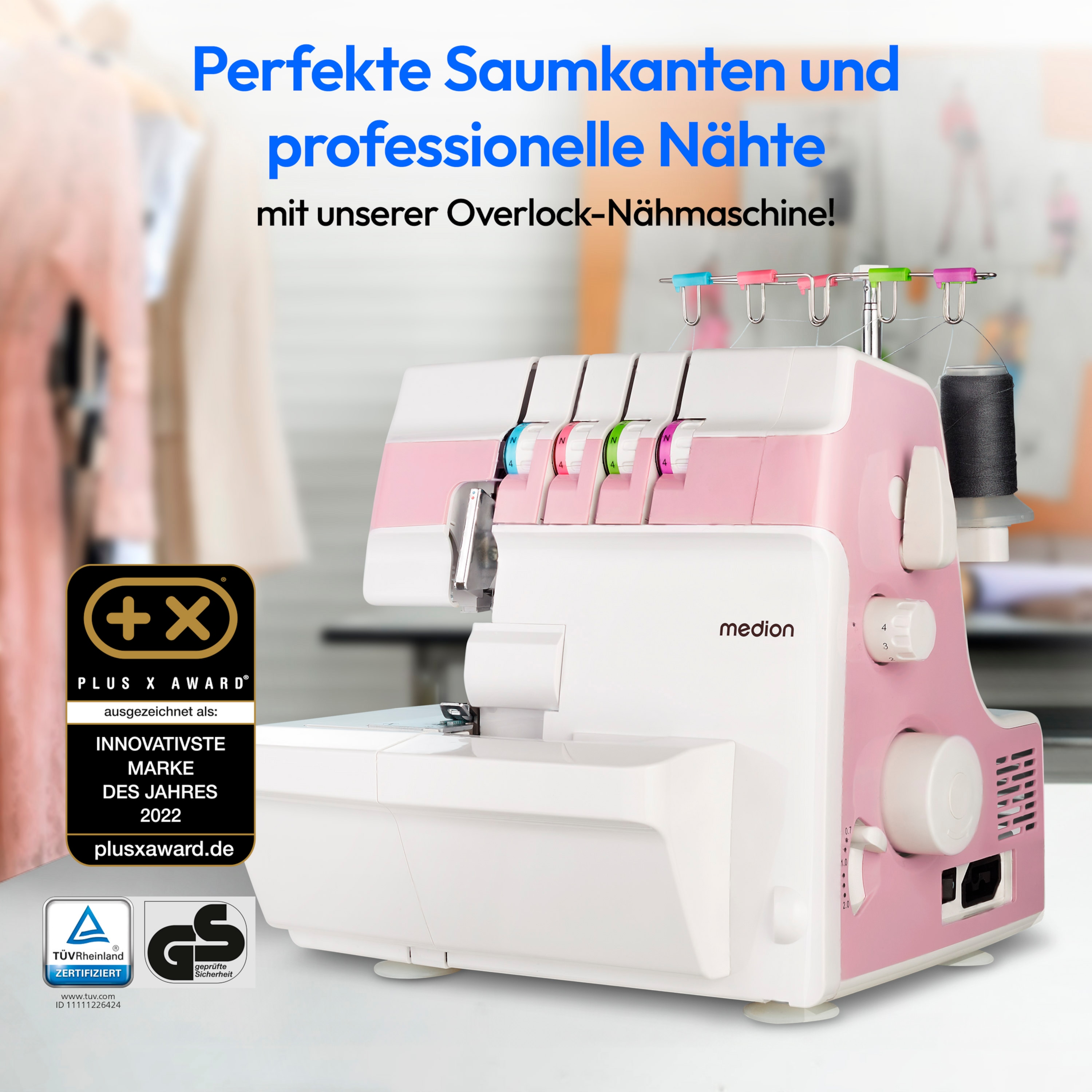 MEDION® LIFE® Overlock-Nähmaschine SO90 (MD19169), 90 Watt Motorleistung, LED Nählicht, Nähen mit 4 Fäden gleichzeitig, umfangreiches Zubehör