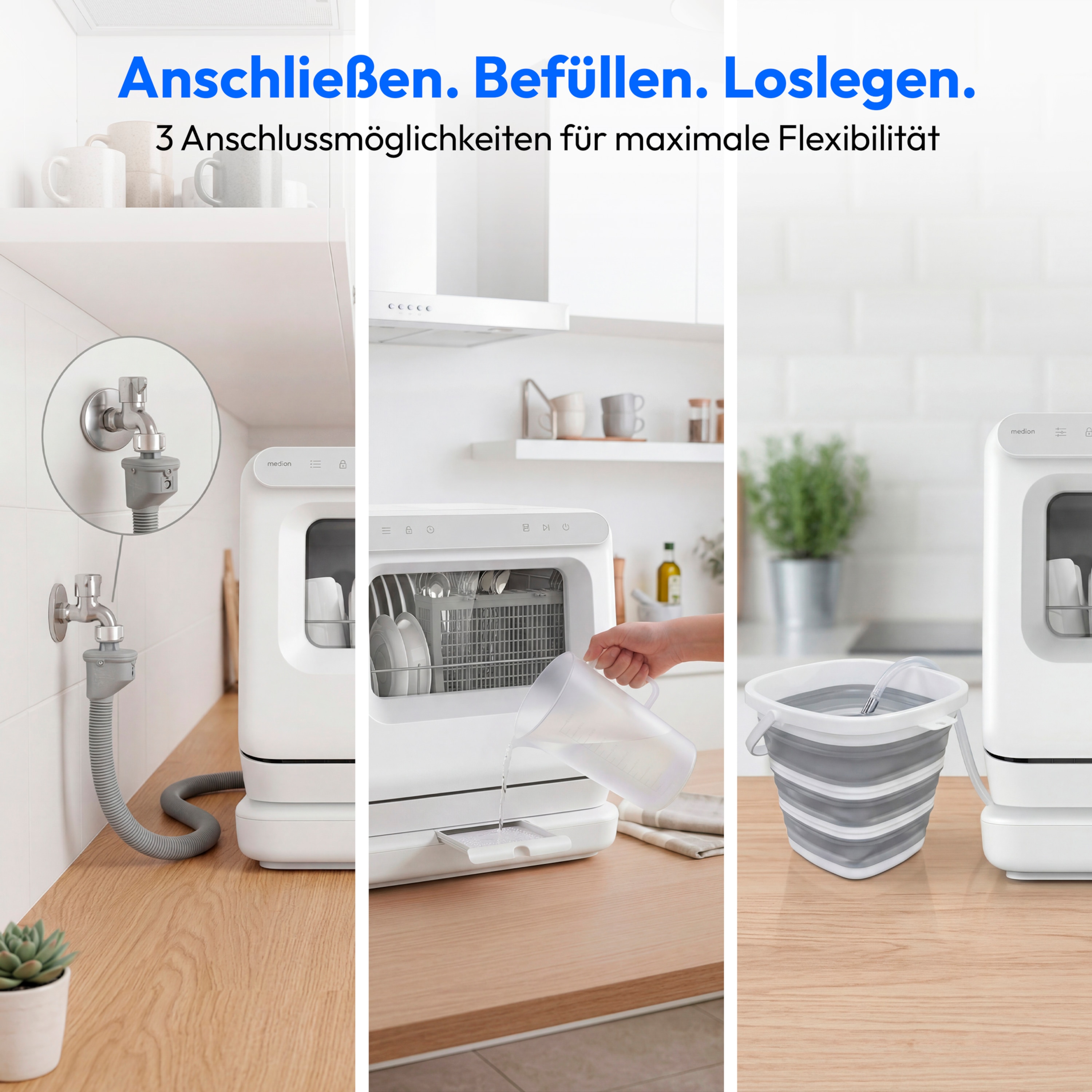 MEDION® LIFE Mini-Geschirrspüler DWT30 (MD370022), 3 Maßgedecke, 3-in-1 Betrieb mit Wassertank, 6 Programme, UV-Licht, Lüfter-Trocknung, LED-Touch-Display