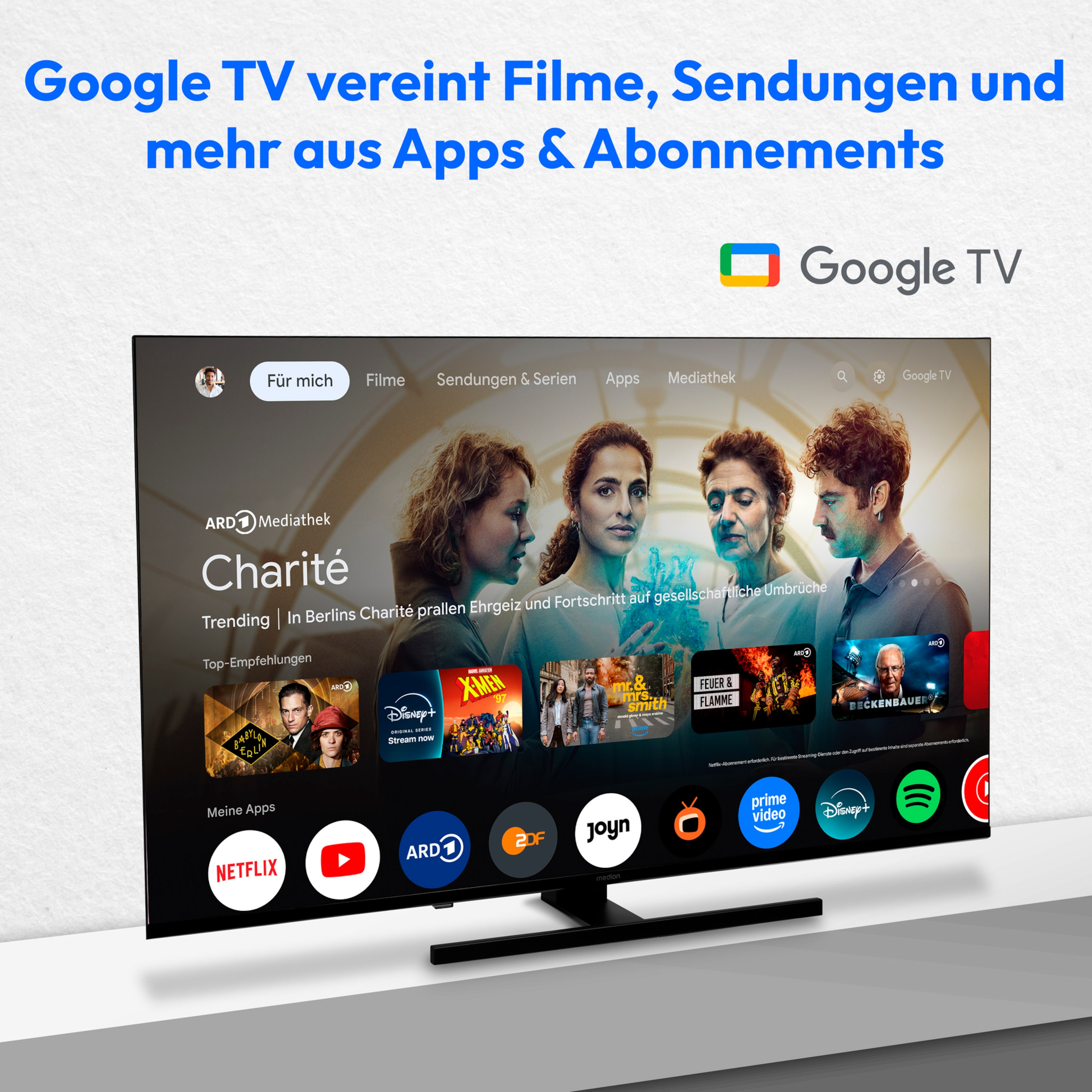 MEDION® LIFE® X8652505 (MD 865700) QLED Google TV™, 163,9 cm (65'') Ultra HD, HDR, Dolby Vision®, MEMC, PVR ready, Netflix, Amazon Prime Video, Bluetooth®, Dolby Atmos, DTS Virtual X, DTS X, HD Triple Tuner, CI+ Schnittstelle