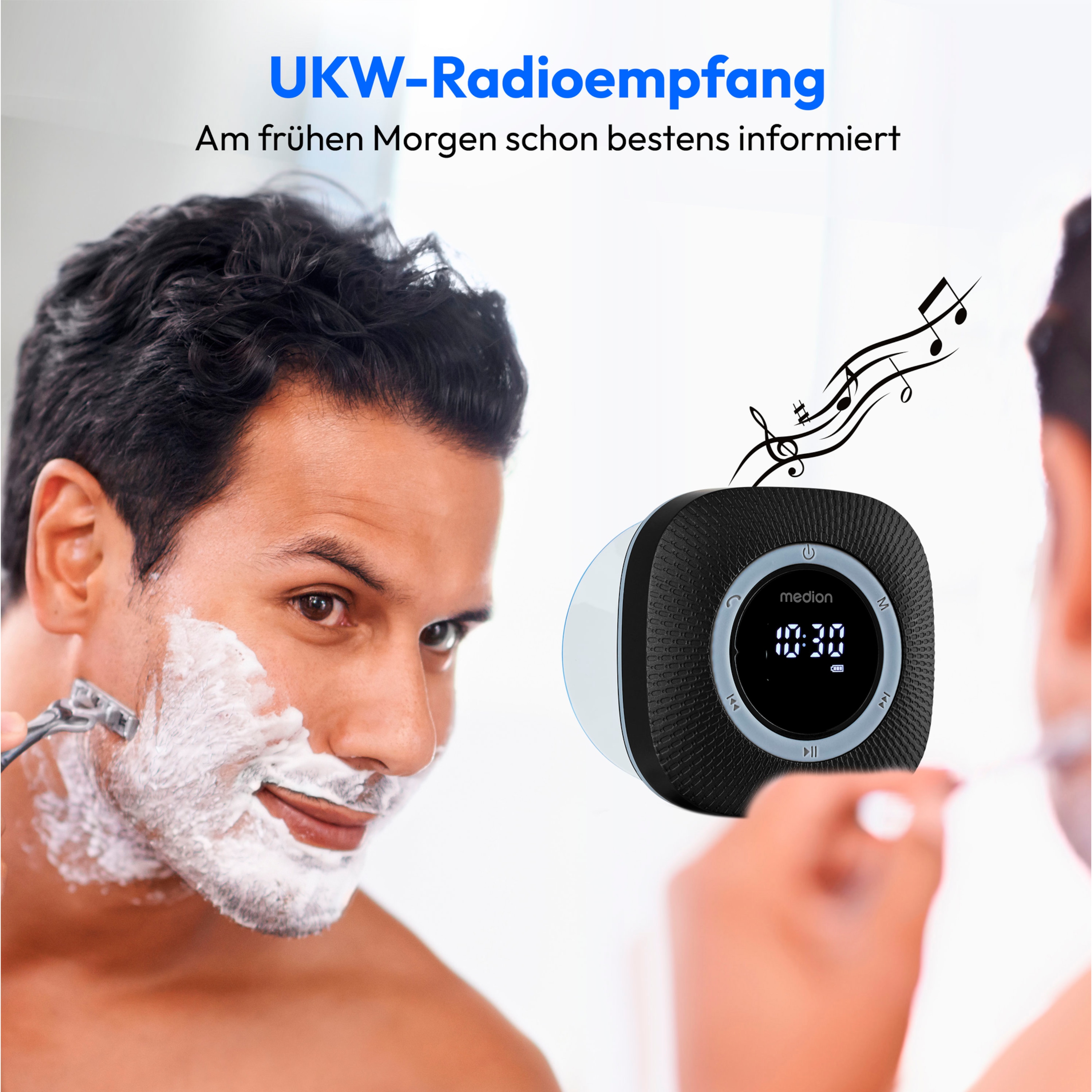 MEDION® LIFE® S66884 Duschradio, LED-Display, UKW-Radio, IPX6 Schutz, Bluetooth® 5.1, 30 W Ausgangsleistung (3 W RMS)