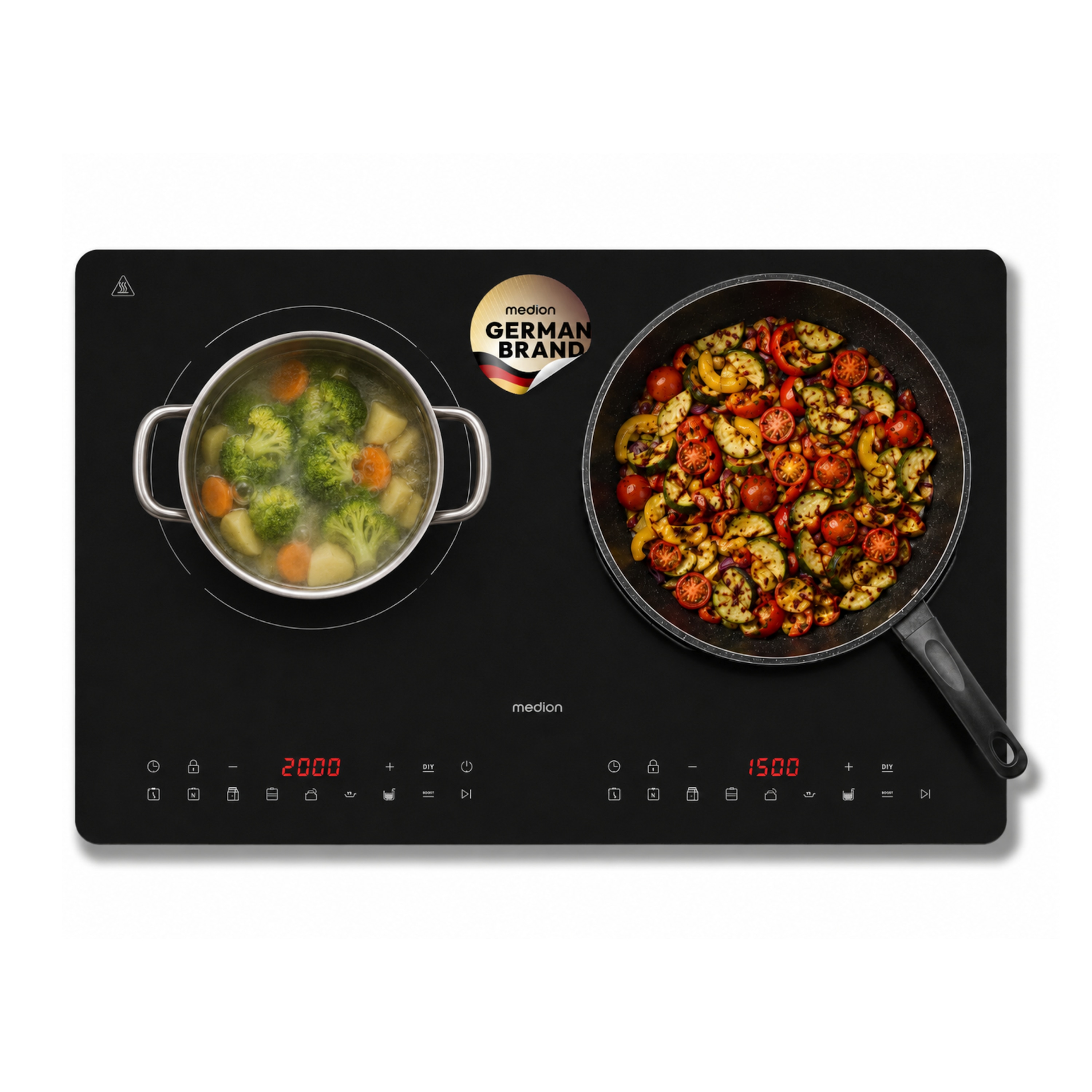 MEDION® Life IC20D Induktionskochplatte (MD 100091), extra flach, 3500 Watt Induktionsleistung, 2 Kochplatten mit je 8 Automatikprogrammen und DIY, LED Display mit Touchbedienung, Nahtlose Kristallglas-Oberfläche