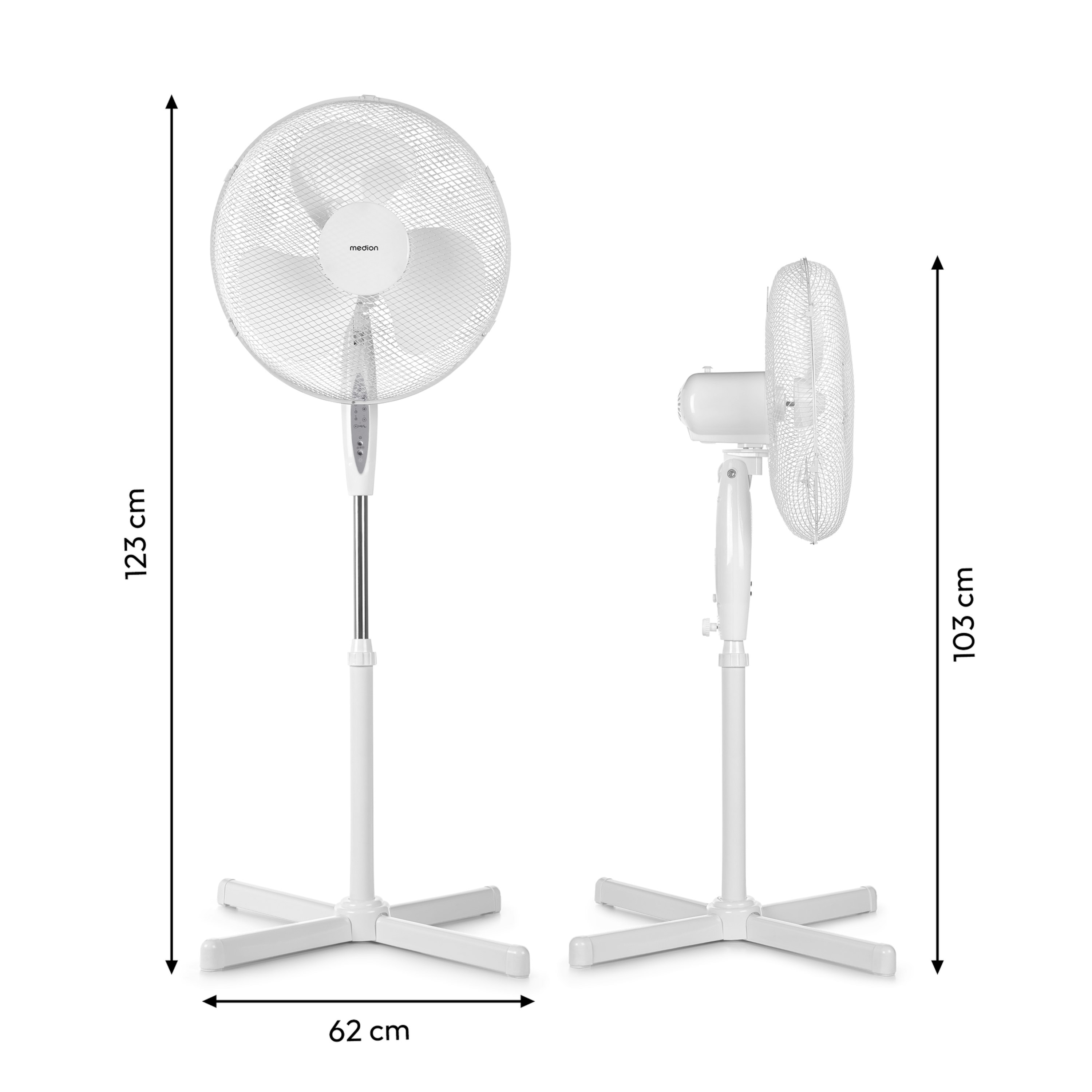 MEDION® LIFE E10 SF Standventilator mit Fernbedienung (MD 18795), 3 Geschwindigkeitsstufen, verstellbarer Höhe, Schwenkfunktion, Timer-Funktion