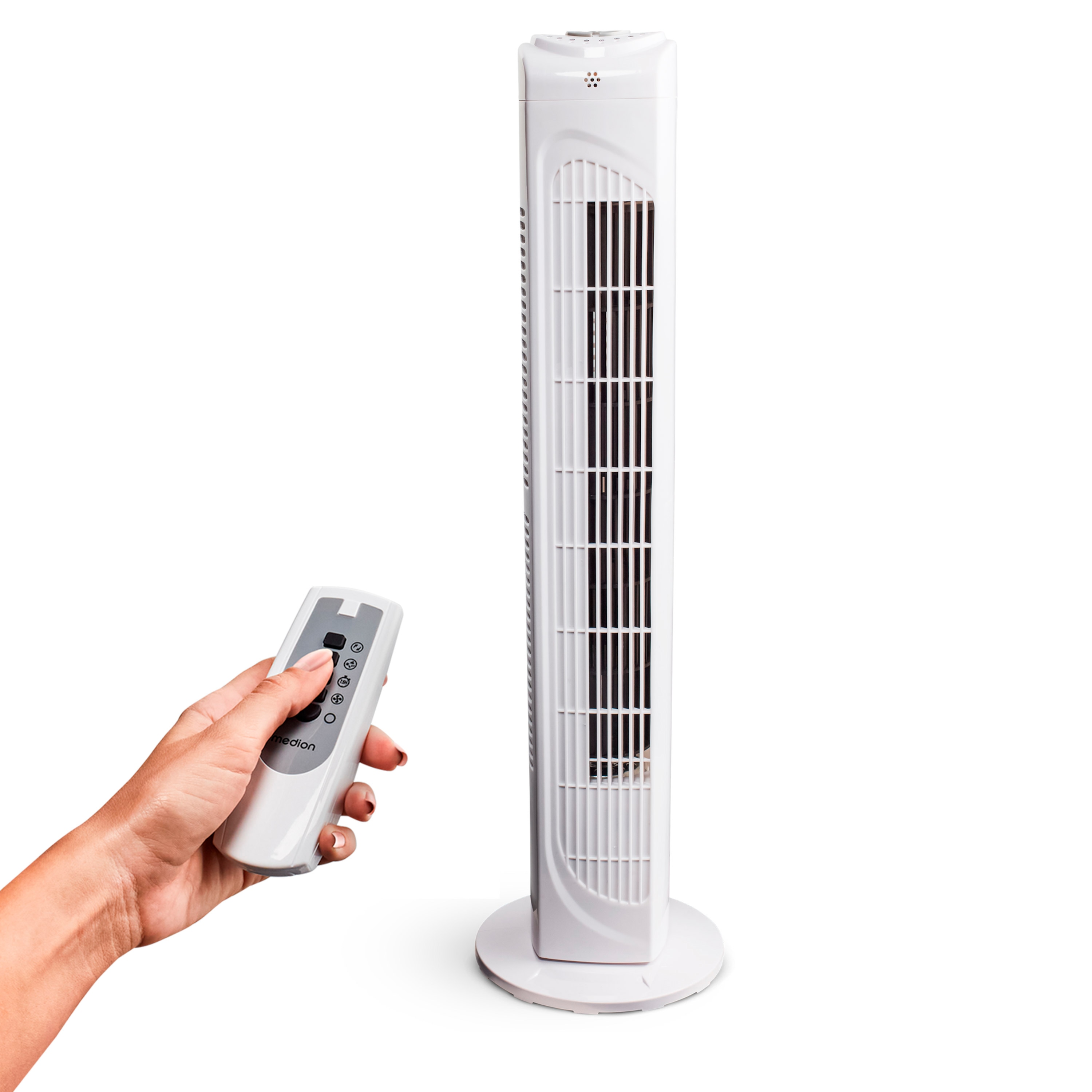 MEDION® LIFE E10 TF Turmventilator (MD 10319), 3 Geschwindigkeitsstufen, 45 Watt Leistung, zuschaltbare Schwenkfunktion, inkl. Fernbedienung