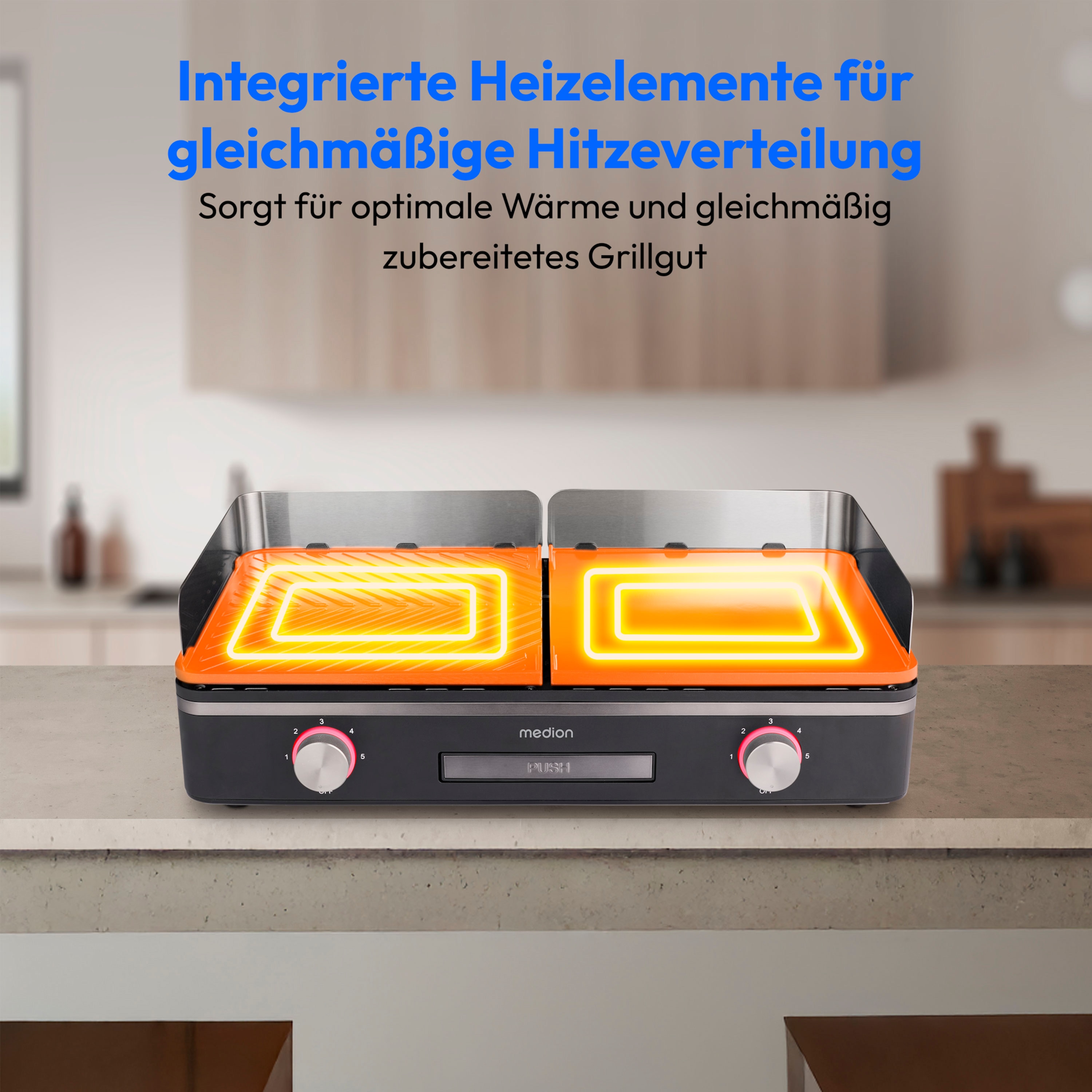 MEDION® LIFE Tischgrill mit Dual-Zonen-System (MD12027), 2,400 Watt, 2 abnehmbare Platten, LED-Statusanzeige (weiß, rot, grün), IPX4-Schutz
