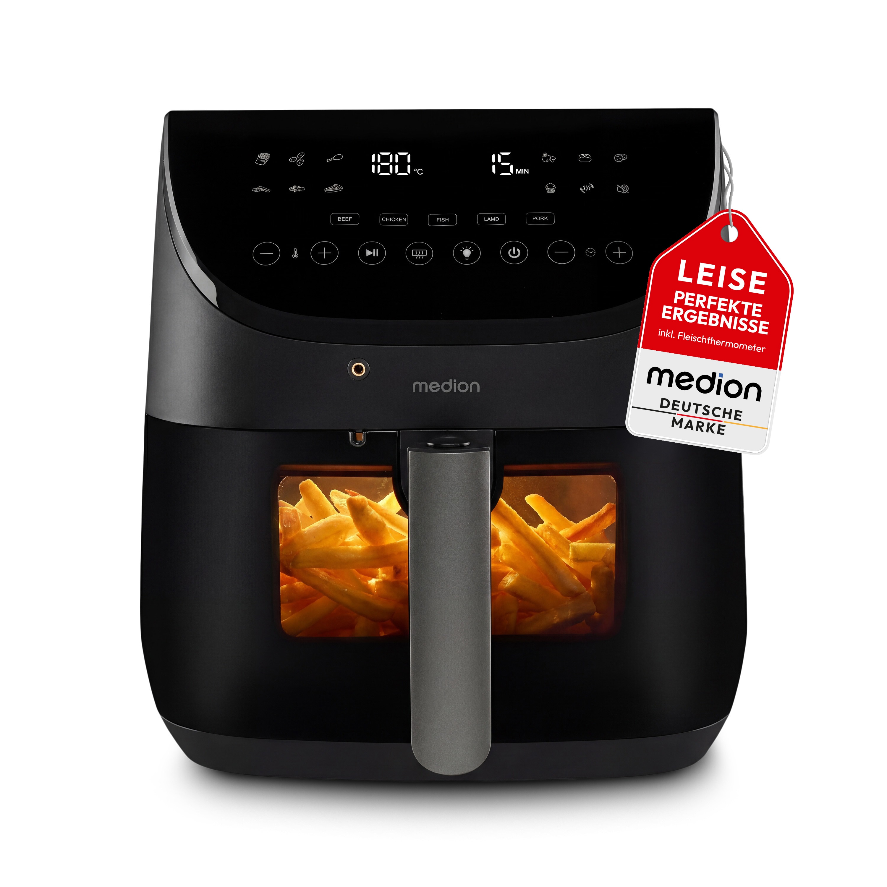 MEDION® LIFE Heißluftfritteuse X20 XL (MD13060), Temperaturfühler, MEDION Life+ App, Touch-Sensor- Bedienfeld, 6,6 L Fassungsvermögen, 10 Automatikprogramme, 5 Fleischprogramme