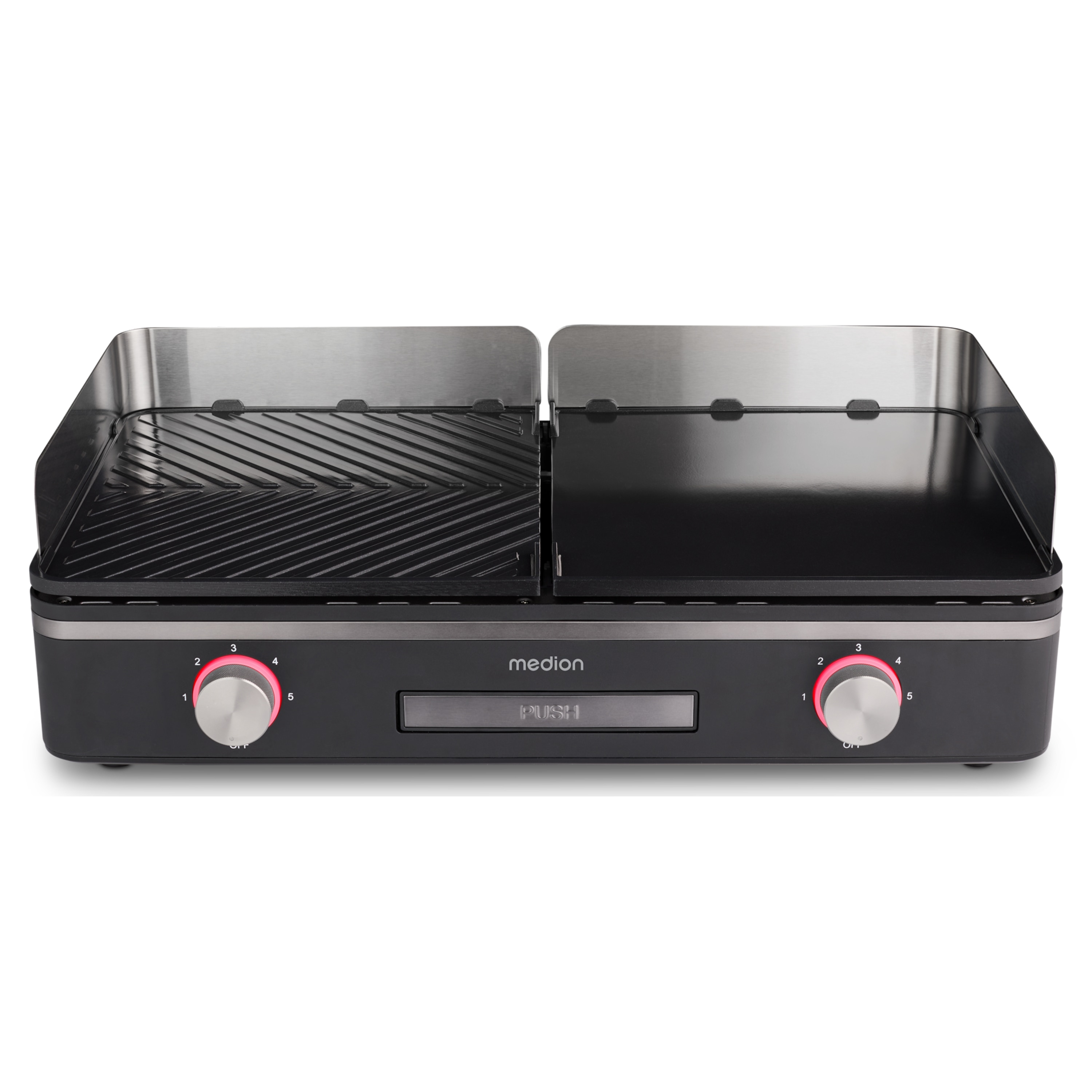 MEDION® LIFE Tischgrill mit Dual-Zonen-System (MD12027), 2,400 Watt, 2 abnehmbare Platten, LED-Statusanzeige (weiß, rot, grün), IPX4-Schutz