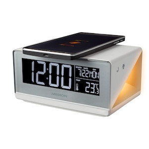 MEDION® LIFE® E75009 Reloj despertador, pantalla LC, función de carga inalámbrica para Smartphones, manejo táctil, luz nocturna, indicador de temperatura interior