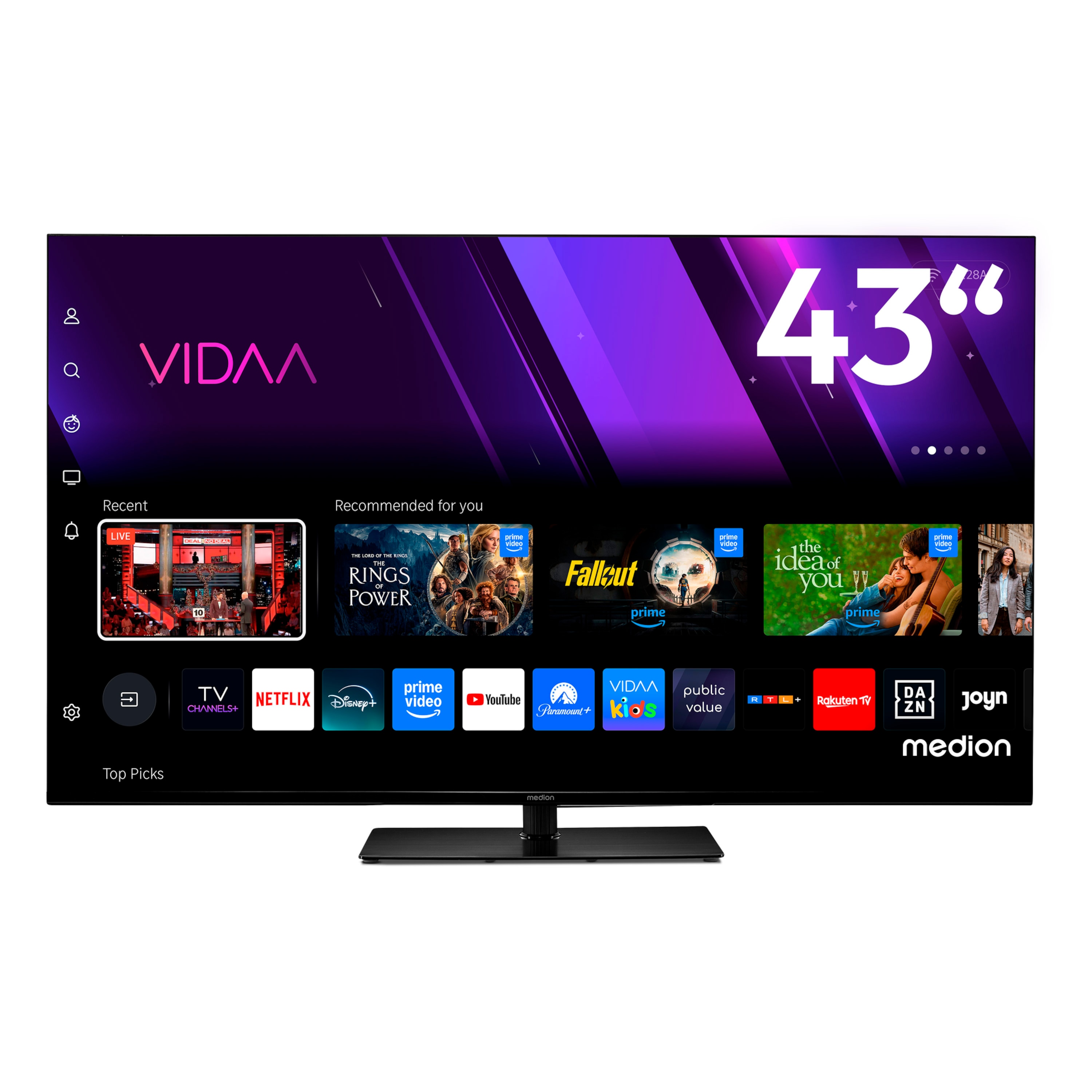 MEDION® LIFE MD 843300 LCD Smart-TV, 108 cm (43'') Ultra HD Display, HDR, Dolby Vision®, MEMC, PVR ready, VIDAA App Store, NETFLIX, Disney+, Paramount+ & Amazon Prime Video App, Bluetooth®, DTS X, Dolby Atmos®, HD Triple Tuner