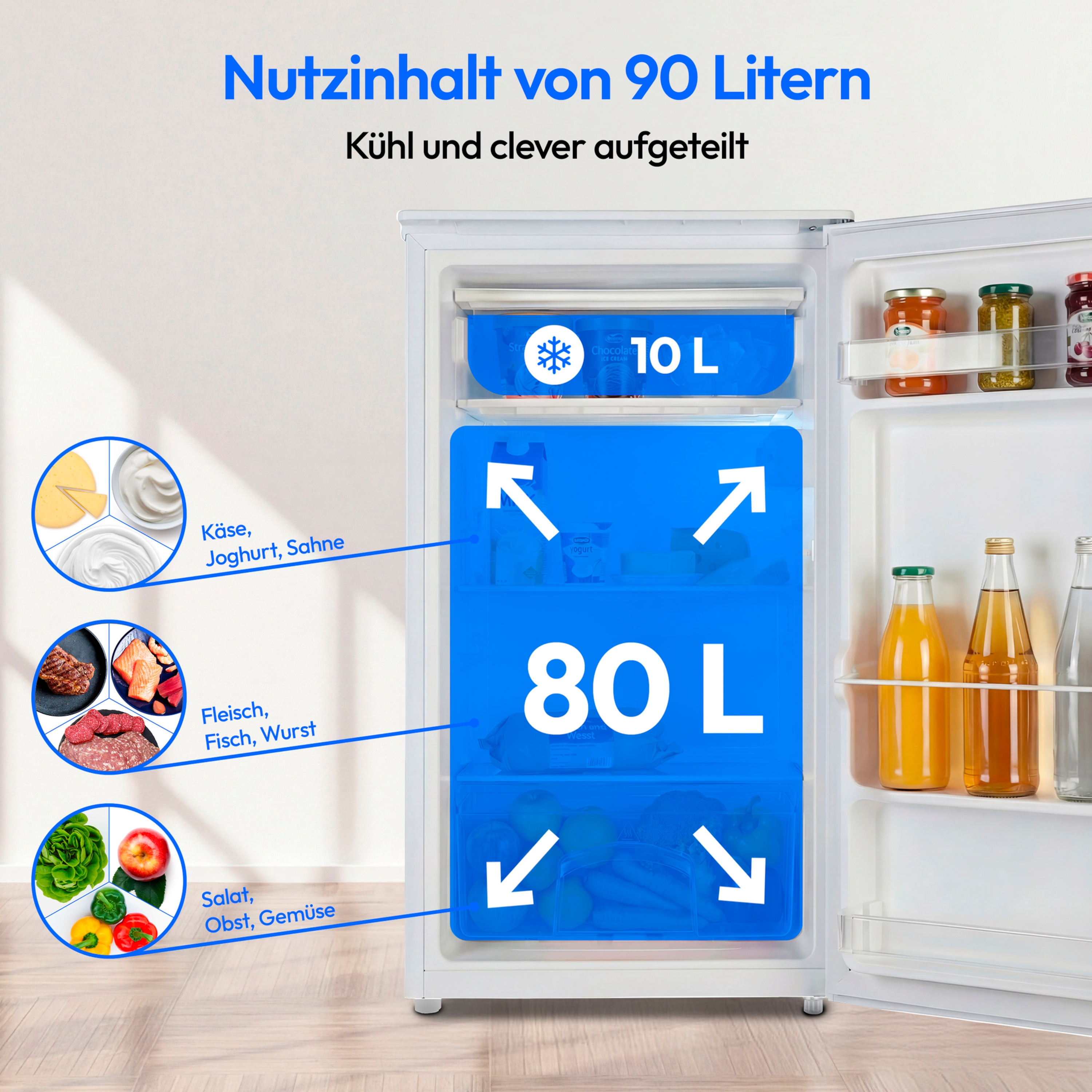 MEDION® LIFE Kühlschrank mit Eiswürfelfach MD 37690, 90 L Gesamt-Nutzinhalt (Kühlteil 80 L & Eiswürfelfach 10 L), wechselbarer Türanschlag, geringer Geräuschpegel