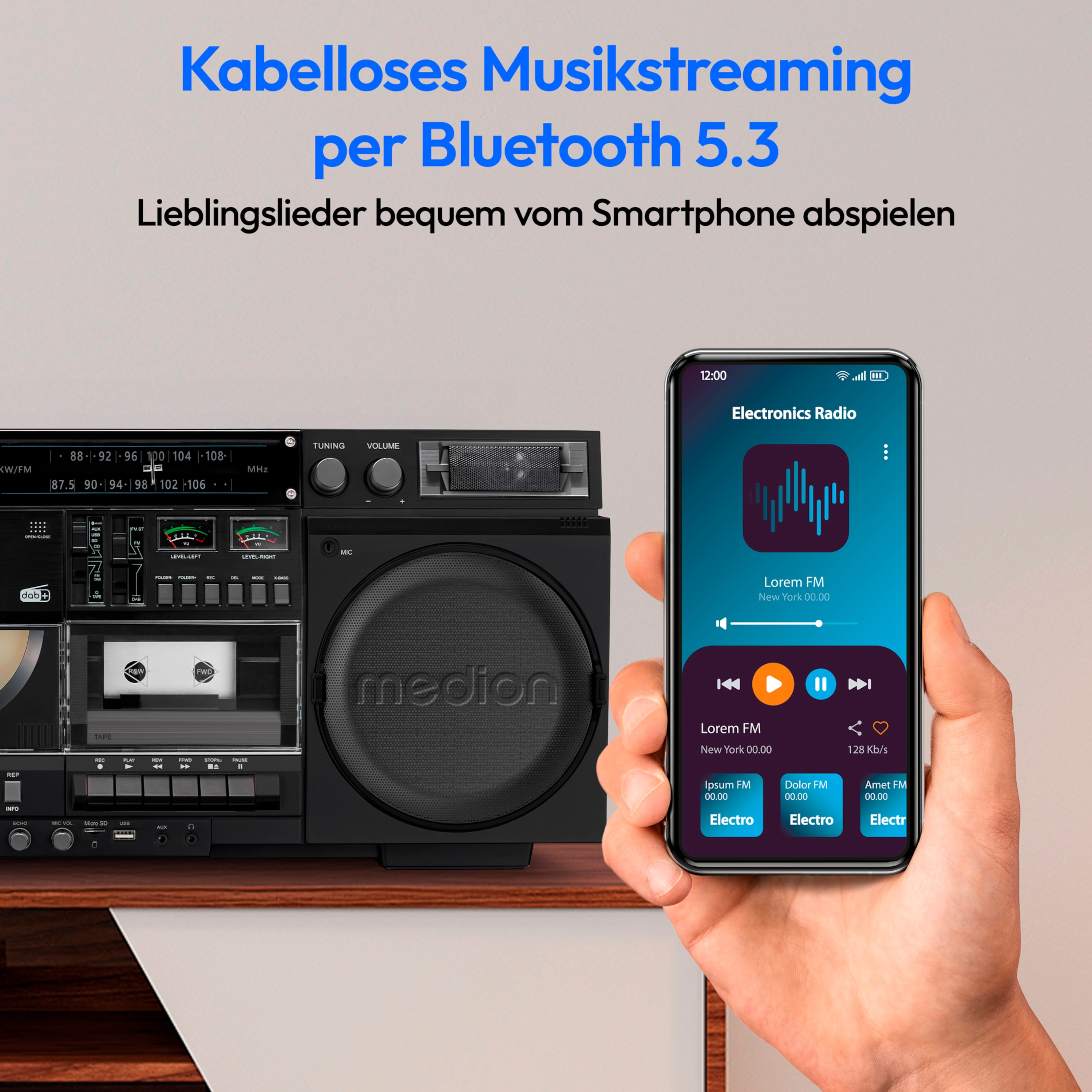 MEDION® LIFE® P66538 Retro-Boombox, DAB+/PLL-UKW Radio, Bluetooth® 5.3 für das Abspielen von Smartphone & Co, CD-Player, Kassettendeck, X-Bass Funktion, 2 x 10 W RMS