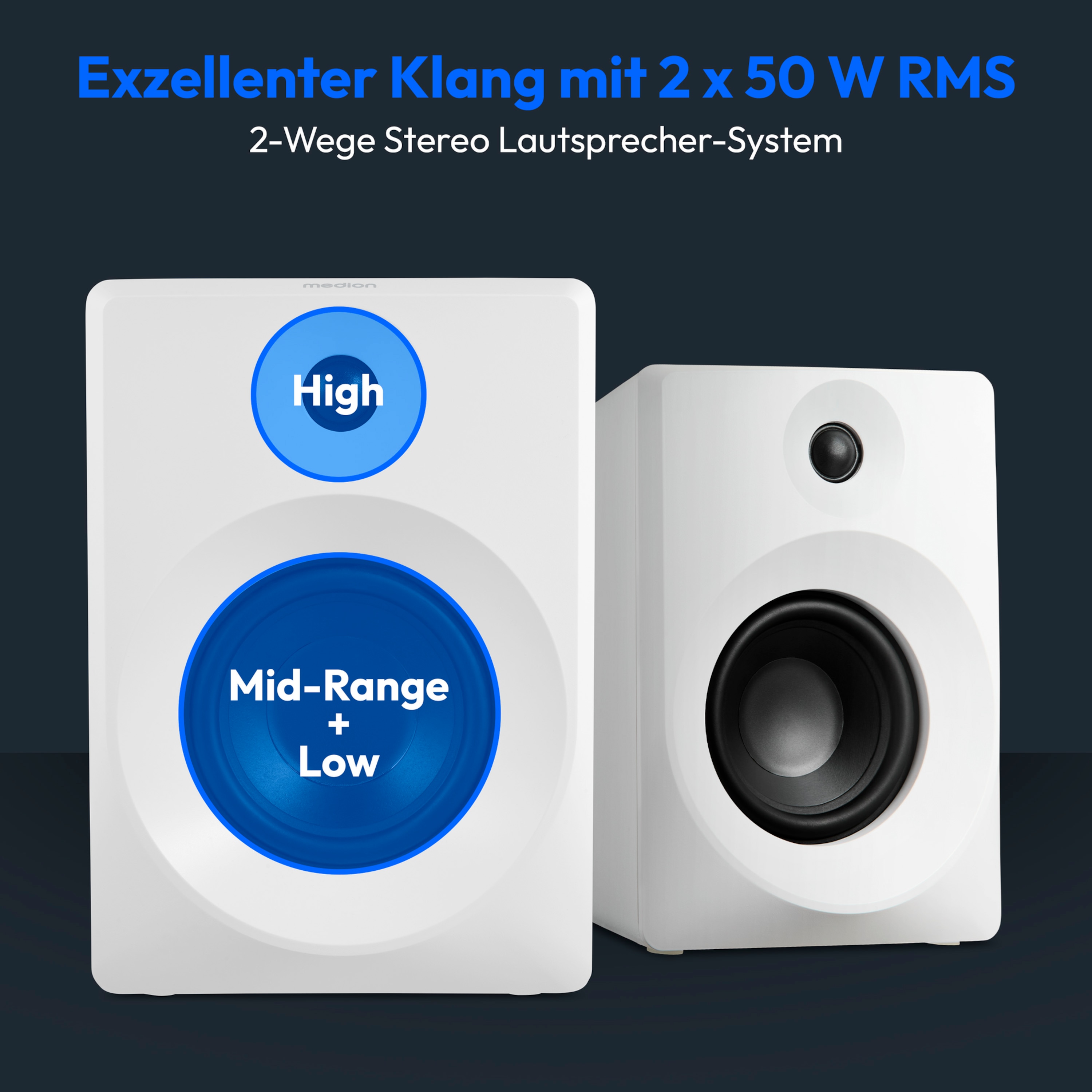 MEDION® LIFE® P61925 Regallautsprecher, aktiver & passiver Lautsprecher, 2-Wege-System, Bluetooth® 5.0, Stereo-Sound mit integriertem Hochtöner und Subwoofer, 2 x 50 W RMS