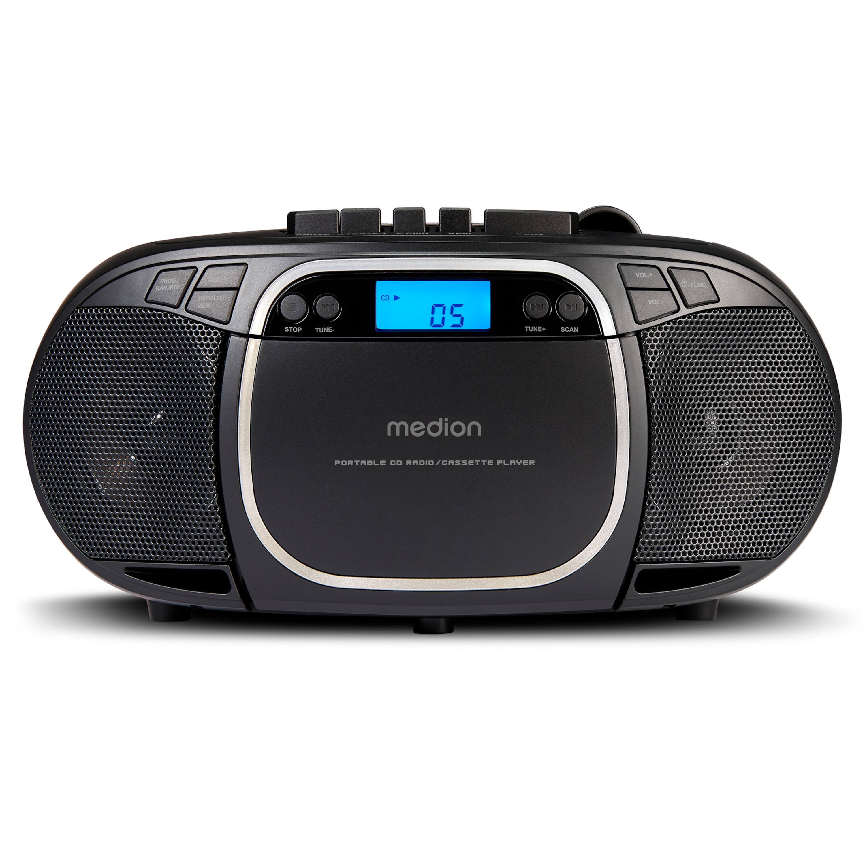 MEDION® LIFE® E66476 CD-/MP3-/Kassettenspieler, LCD-Display mit Hintergrundbeleuchtung, PLL-UKW Stereo, Musikwiedergabe vom USB-Stick, 2 x 2 W RMS