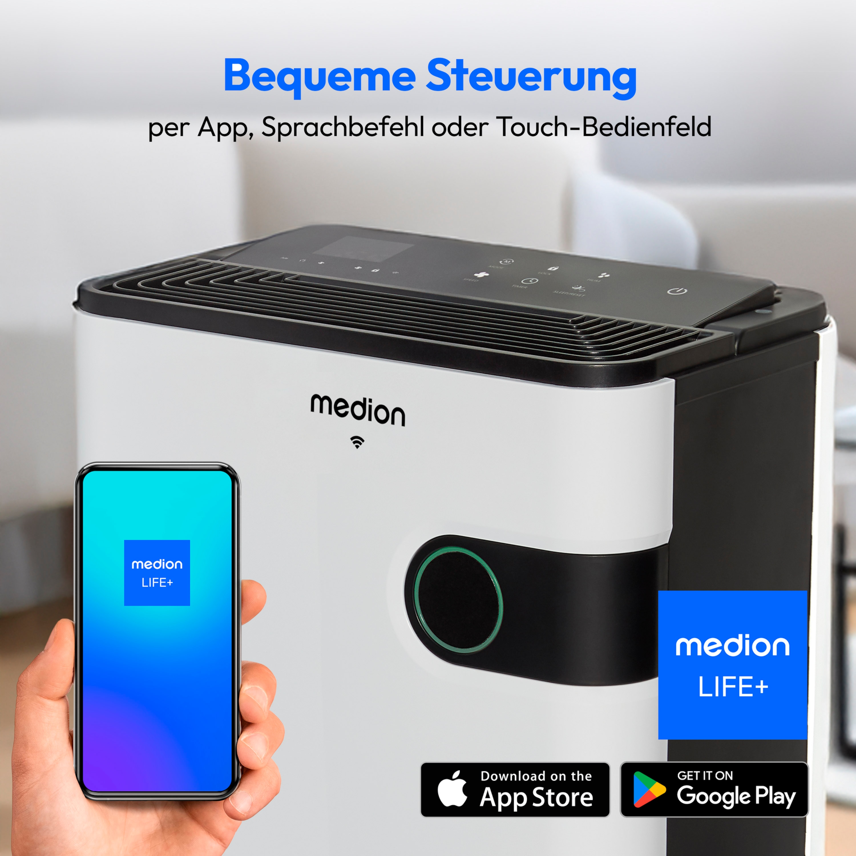 MEDION® Smarter Luftentfeuchter DH30 (MD12044), Steuerung per App, Leistung max. 280W, Volumen Wassertank ca. 5L, 2 Geschwindigkeitsstufen, Touch-Bedienung