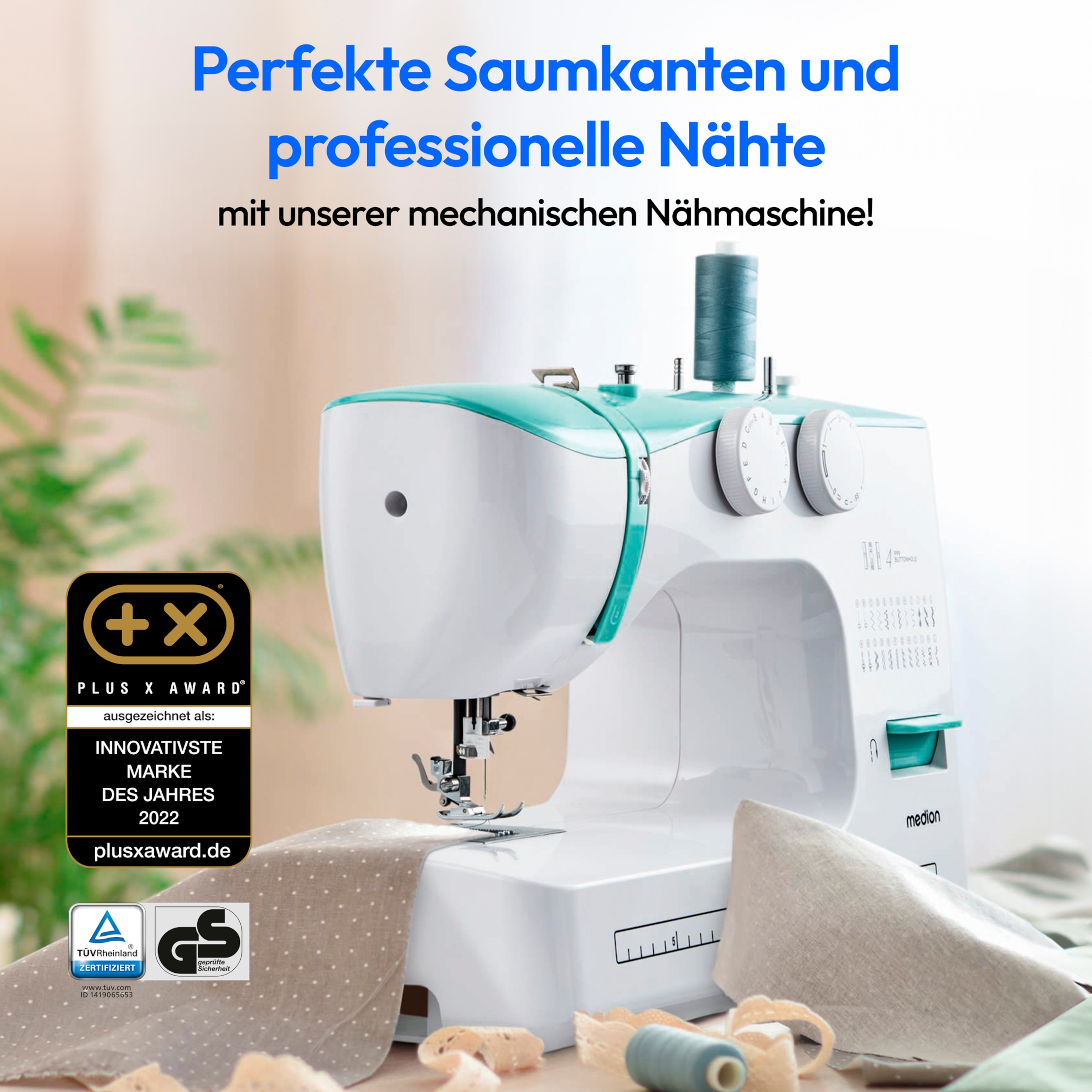 MEDION® LIFE® Freiarm-Nähmaschine SM60 (MD10689), einstellbare Stichlänge und Stichbreite, automatischer Einfädler, 60 verschiedene Stichmuster, integriertes Zubehörfach, 60 Watt Motorleistung