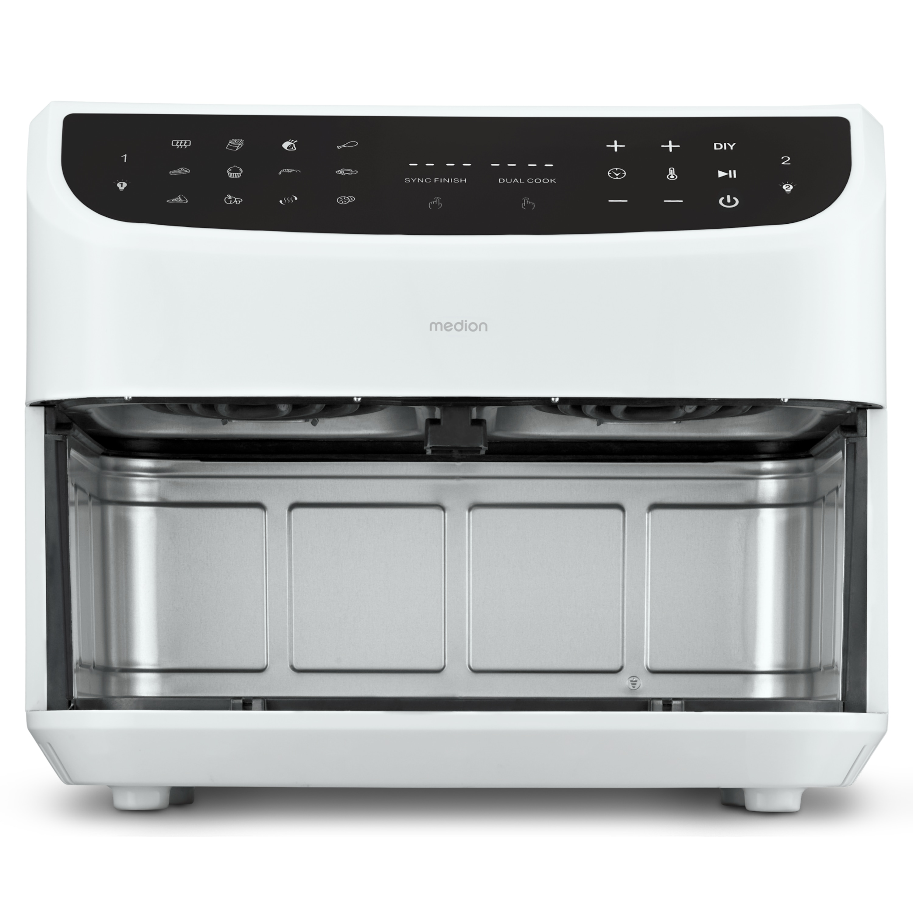 MEDION® LIFE® P20 XXL Twin Doppelzonen-Heißluftfritteuse MD 11760, 100 Rezepte in der Life+ App, 2 separate Garzonen, 9 Automatikprogramme, 8,7 L Gesamt-Nutzinhalt, 2.600 Watt, Temperatur einstellbar bis 200 °C