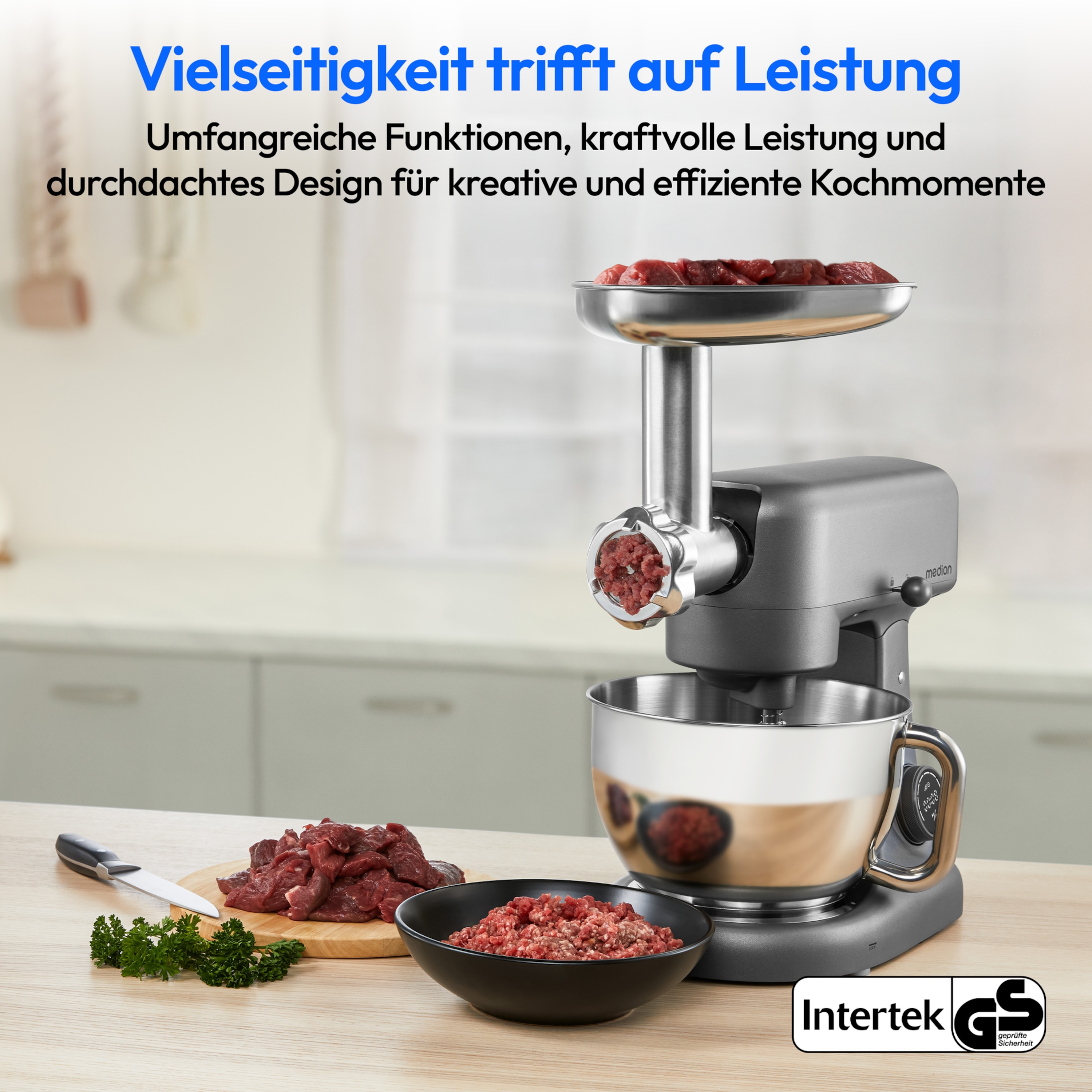 MEDION® LIFE Digitale Küchenmaschine MD12600, 800 W Gleichstrommotor, Energiesparend, Ultraleise, Digitales Sensor-Touch-Display, 4,6 L Edelstahlschüssel, Inkl. Fleischwolf