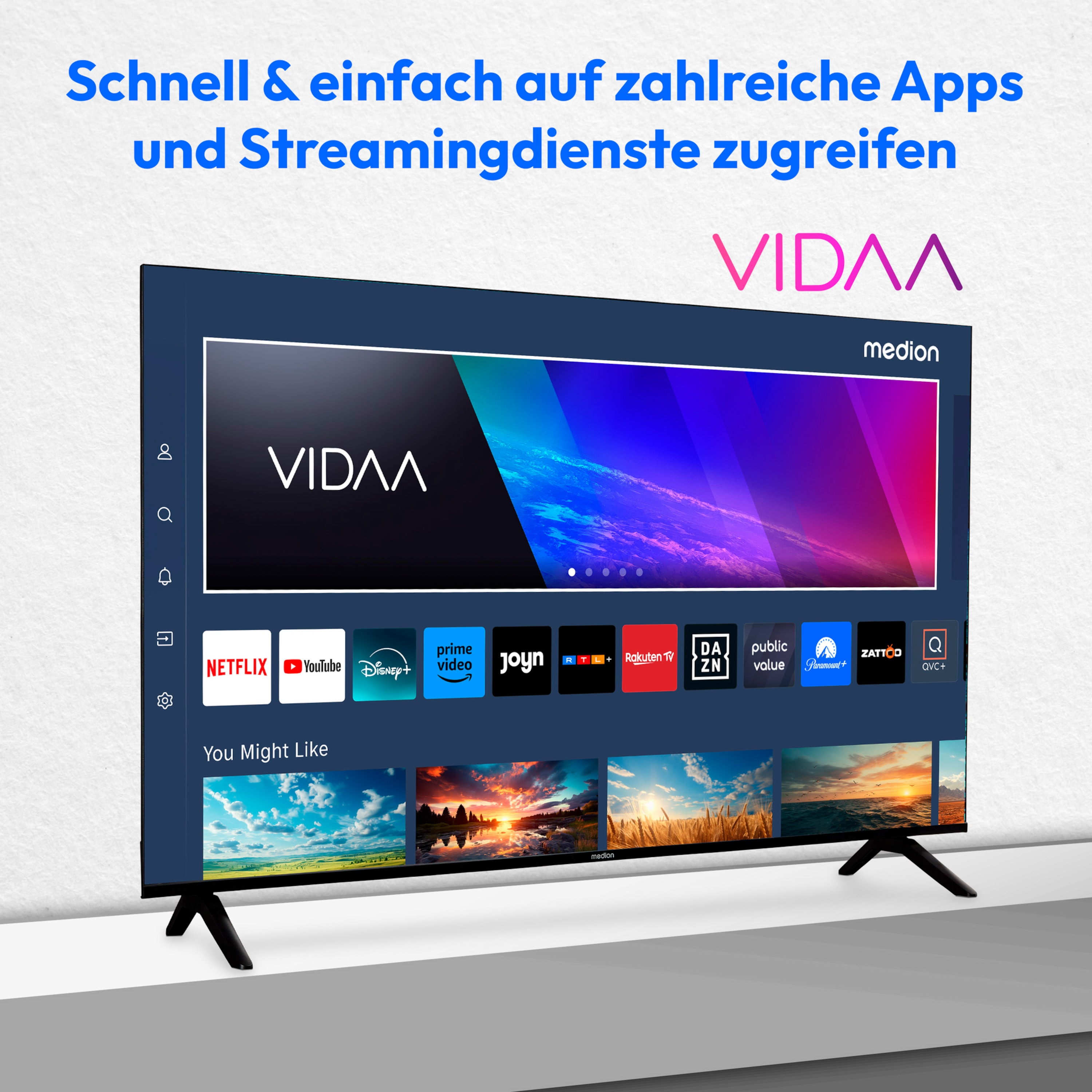 MEDION® LIFE® X8502500 (MD 850200) Ultra HD LCD Smart-TV, 125,7 cm (50'') Ultra HD Display, HDR, PVR ready, NETFLIX, Prime Video, Disney+, DAZN, Paramount+ App, VIDAA App Store, Bluetooth®, HD Triple Tuner, CI+ Schnittstelle