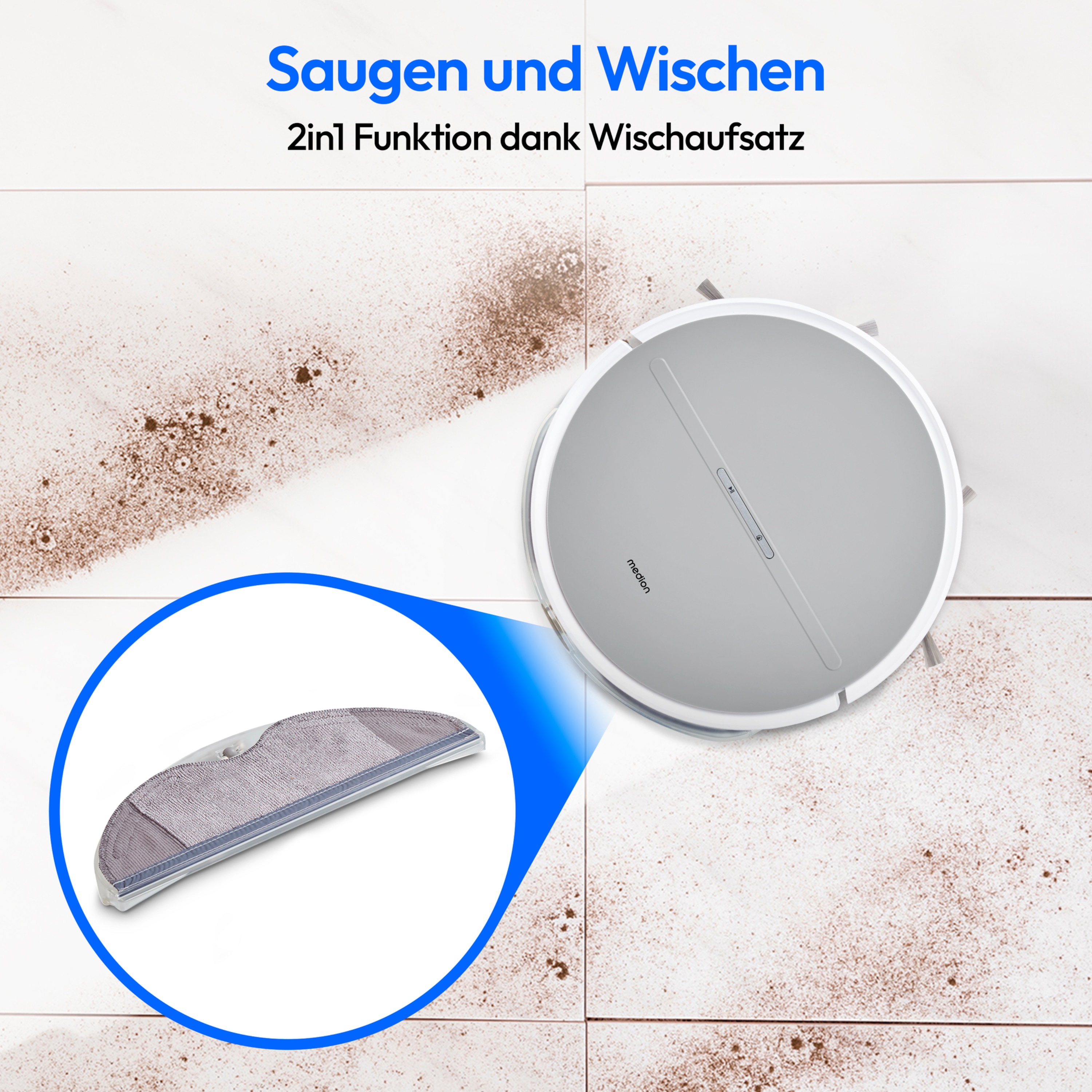 MEDION® E35 SW Saugroboter mit Wischfunktion, Gyro-Navigation, 2.000 Pa Saugkraft, 120 Minuten Laufzeit