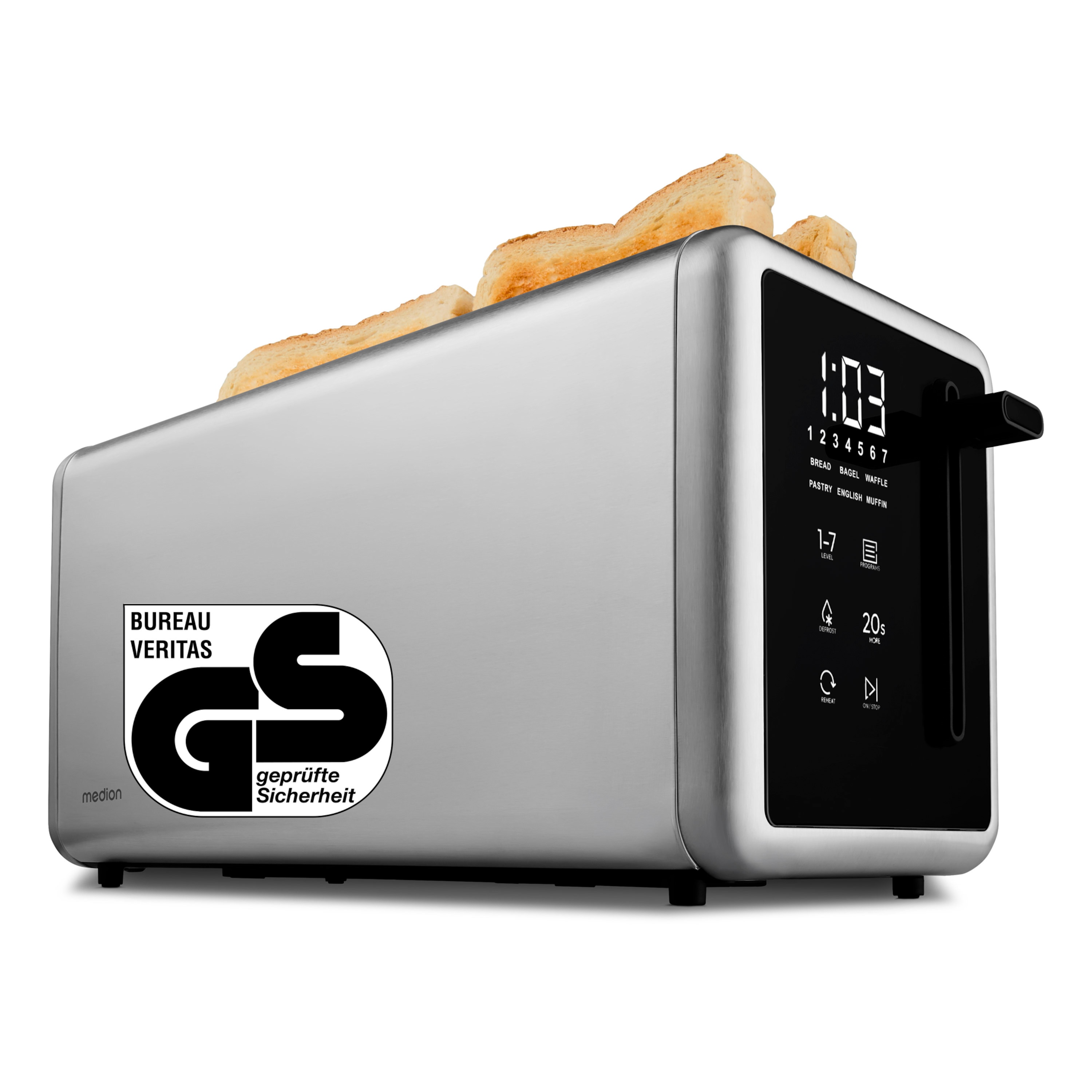 MEDION® MEDION LIFE Toaster MD12103, 2 lange Toastschlitze für bis zu 4 Toasts, LED Sensor-Touch-Display, 7 Bräunungsstufen und 5 Automatikprogramme