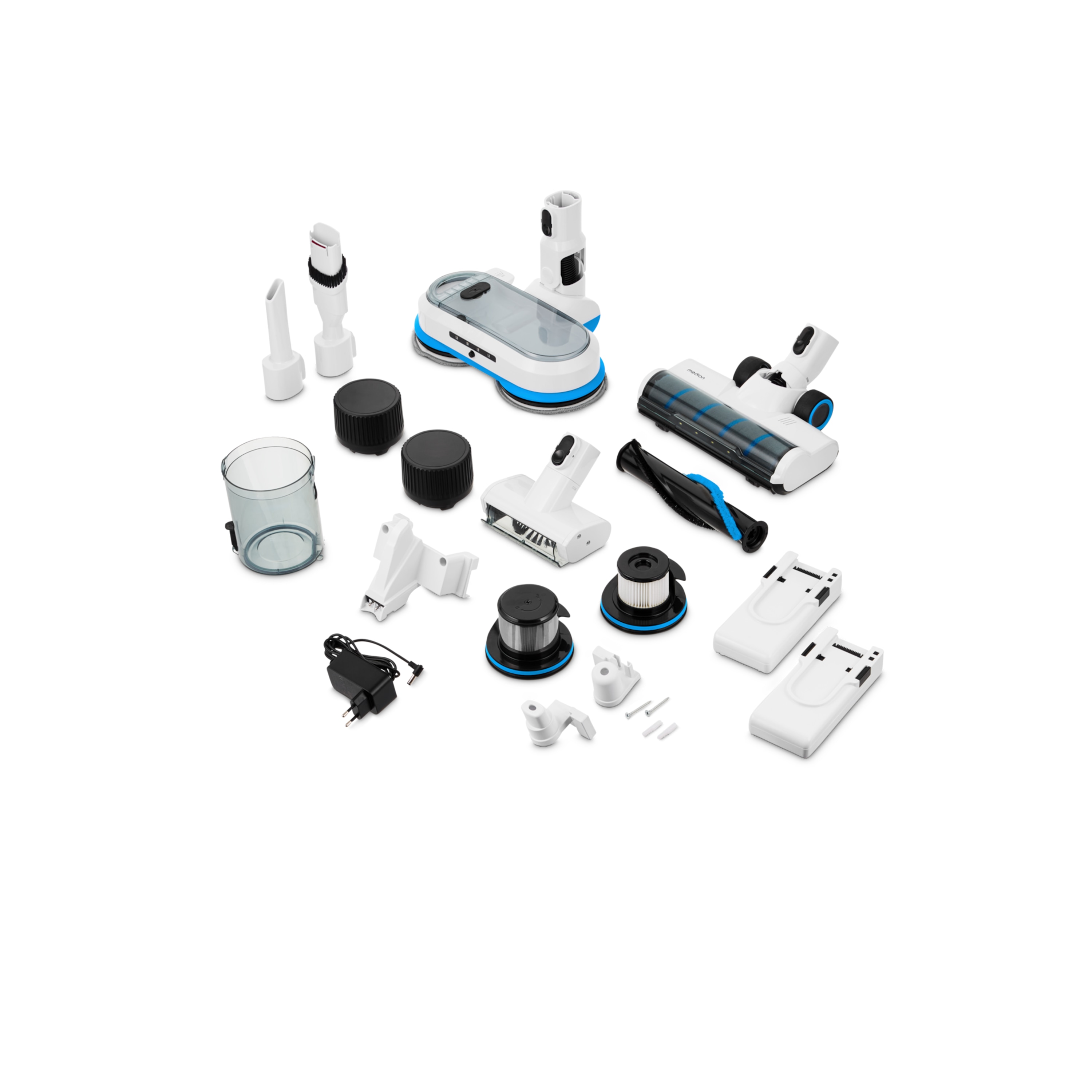 MEDION® P400 W+ Akku-Stielstaubsauger mit elektrischem Wischaufsatz, beutellose Zyklon-Technologie, max. Saugleistung 26 kPa, 700 ml Staubbehälterkapazität, inkl. Austauschakku, integriertes Zubehör und Ladestation