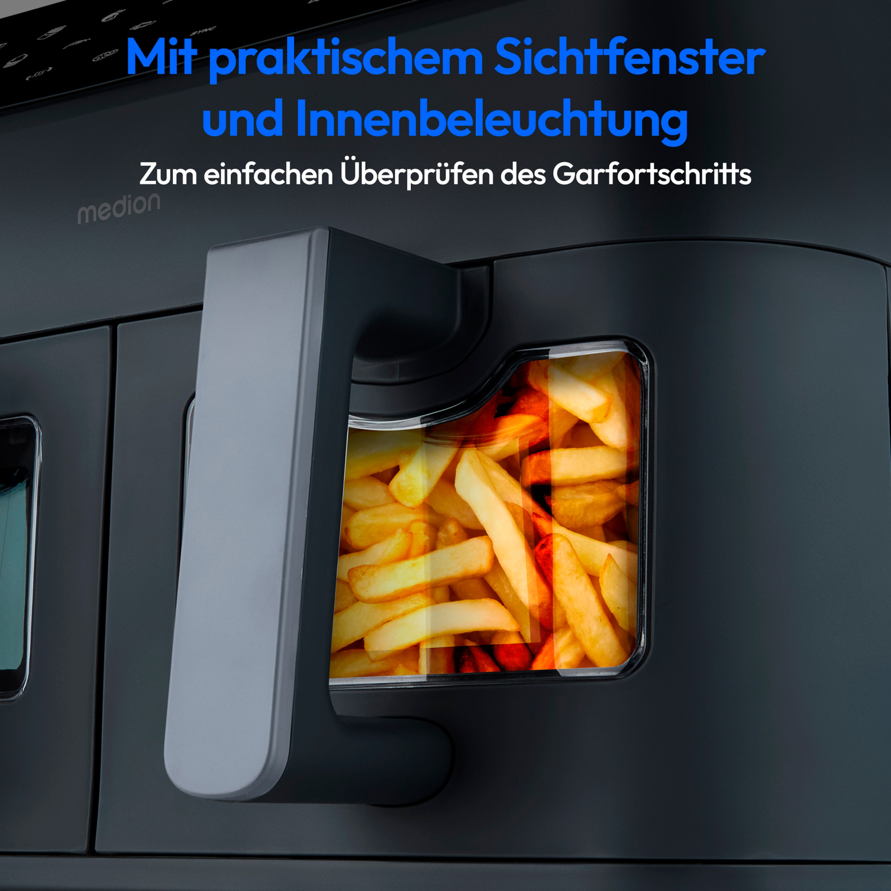 MEDION® LIFE® P20 XXL Twin Doppelzonen-Heißluftfritteuse MD 11760 matt grau, 100 Rezepte in der Life+ App, 2 separate Garzonen, 9 Automatikprogramme, 8,7 L Gesamt-Nutzinhalt, 2.600 Watt, Temperatur einstellbar bis 200 °C