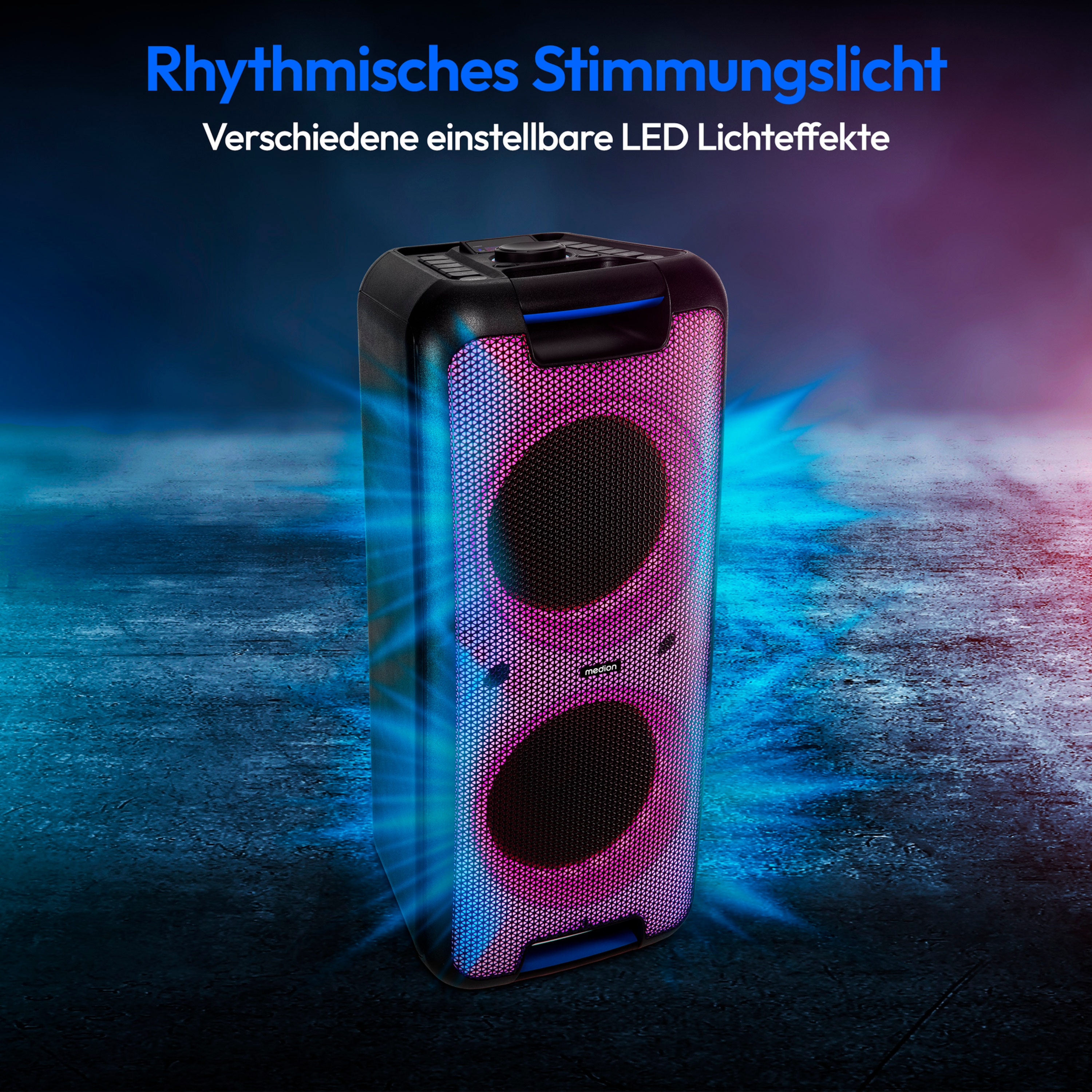 MEDION® LIFE® PX-1 Plus Partylautsprecher, tragbares Bluetooth® Soundsystem, verschiedene Lichteffekte, satter Sound, True Wireless Stereo Funktion, 2 x 50 W RMS