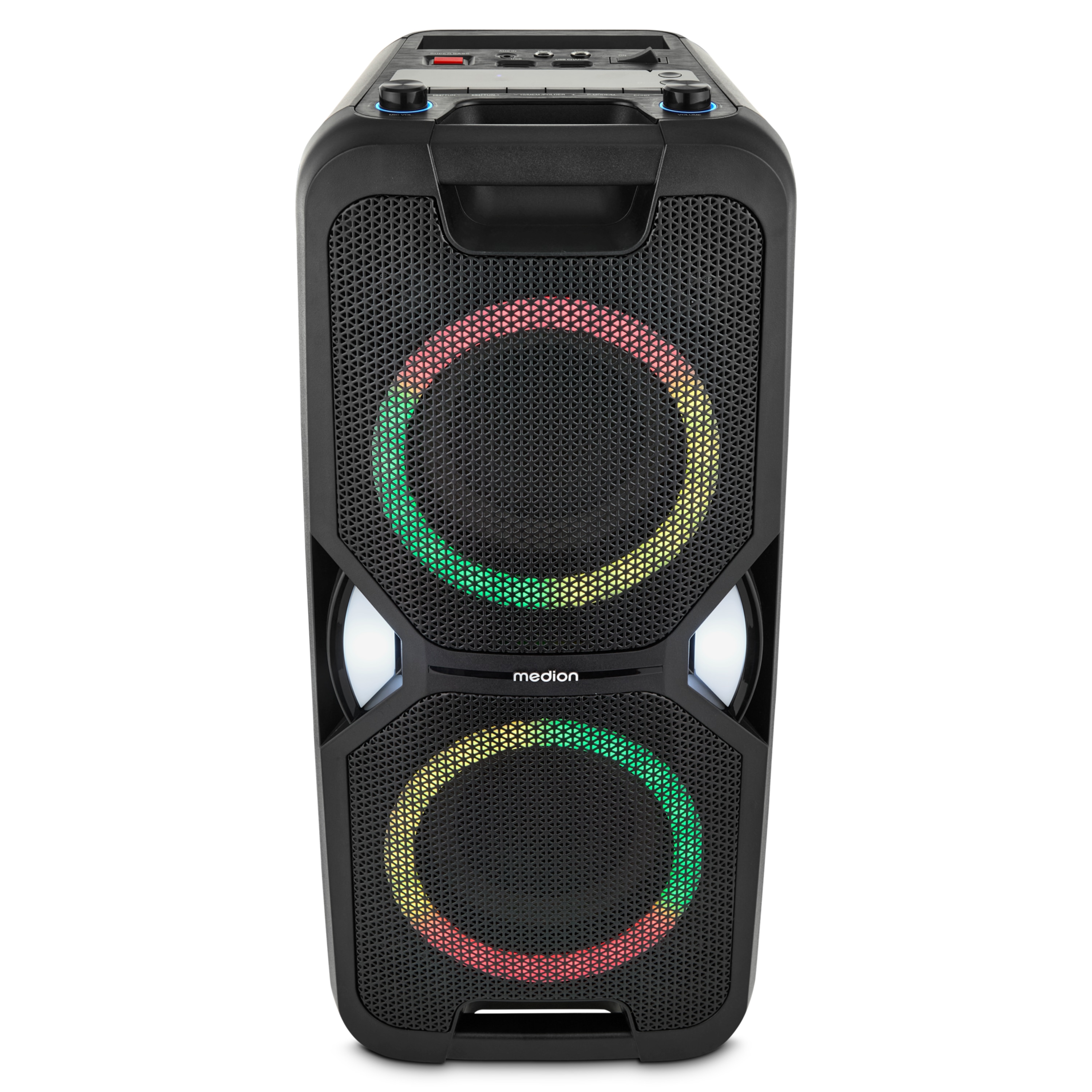 MEDION® LIFE® PE-1 Pure Partylautsprecher, PLL-UKW Radio, Bluetooth® 5.4, satter Sound, verschiedene Lichteffekte, X-Bass Bassanhebung, inkl. Mikrofon, 2 x 25 W RMS Ausgangsleistung