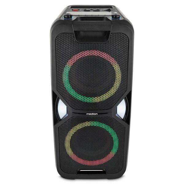 MEDION® LIFE PE-1 Pure Partylautsprecher, PLL-UKW Radio, Bluetooth® 5.4, satter Sound, verschiedene Lichteffekte, X-Bass Bassanhebung, inkl. Mikrofon, 2 x 25 W RMS Ausgangsleistung