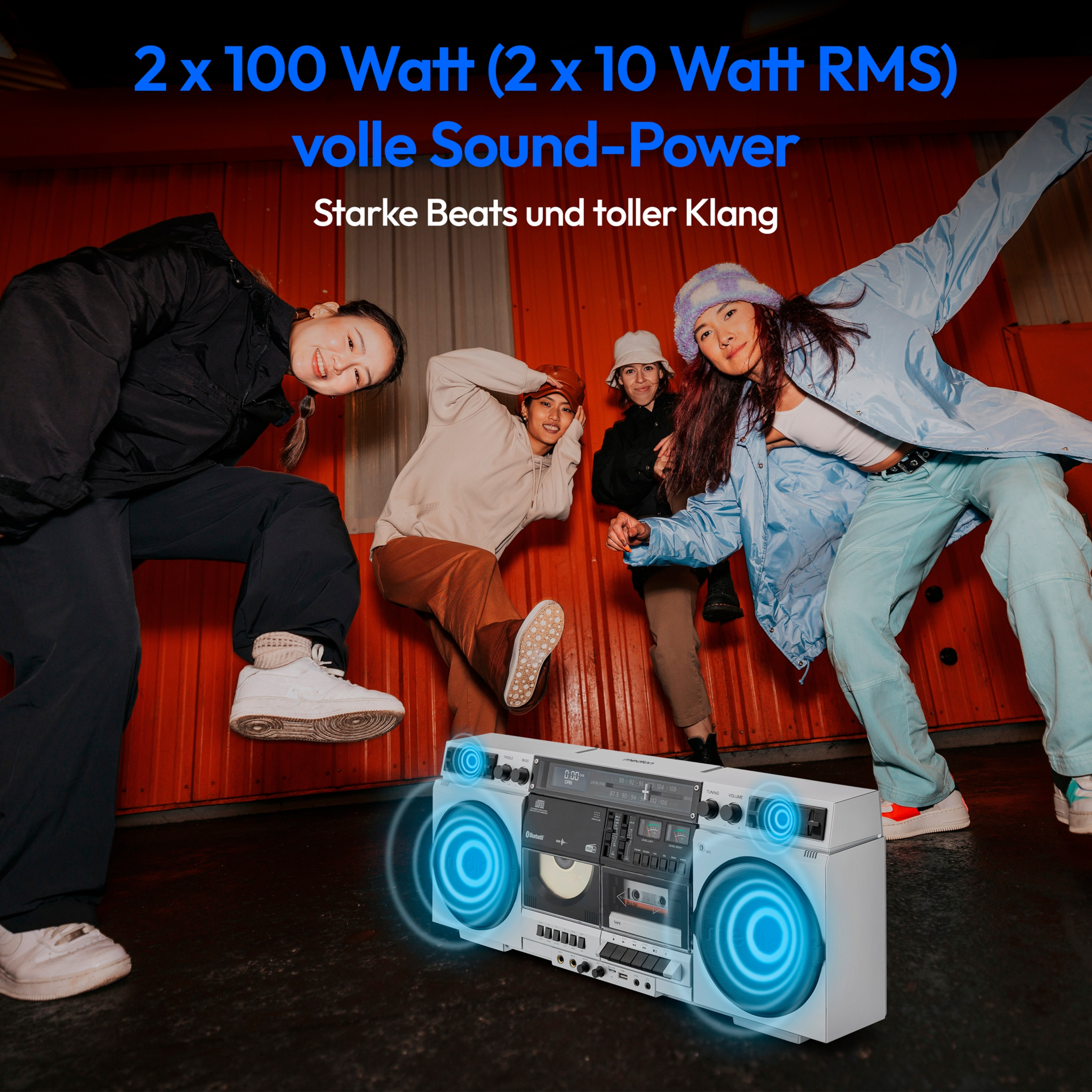 MEDION® LIFE® P66538 Retro-Boombox, DAB+/PLL-UKW Radio, Bluetooth® 5.3 für das Abspielen von Smartphone & Co, CD-Player, Kassettendeck, X-Bass Funktion, 2 x 10 W RMS