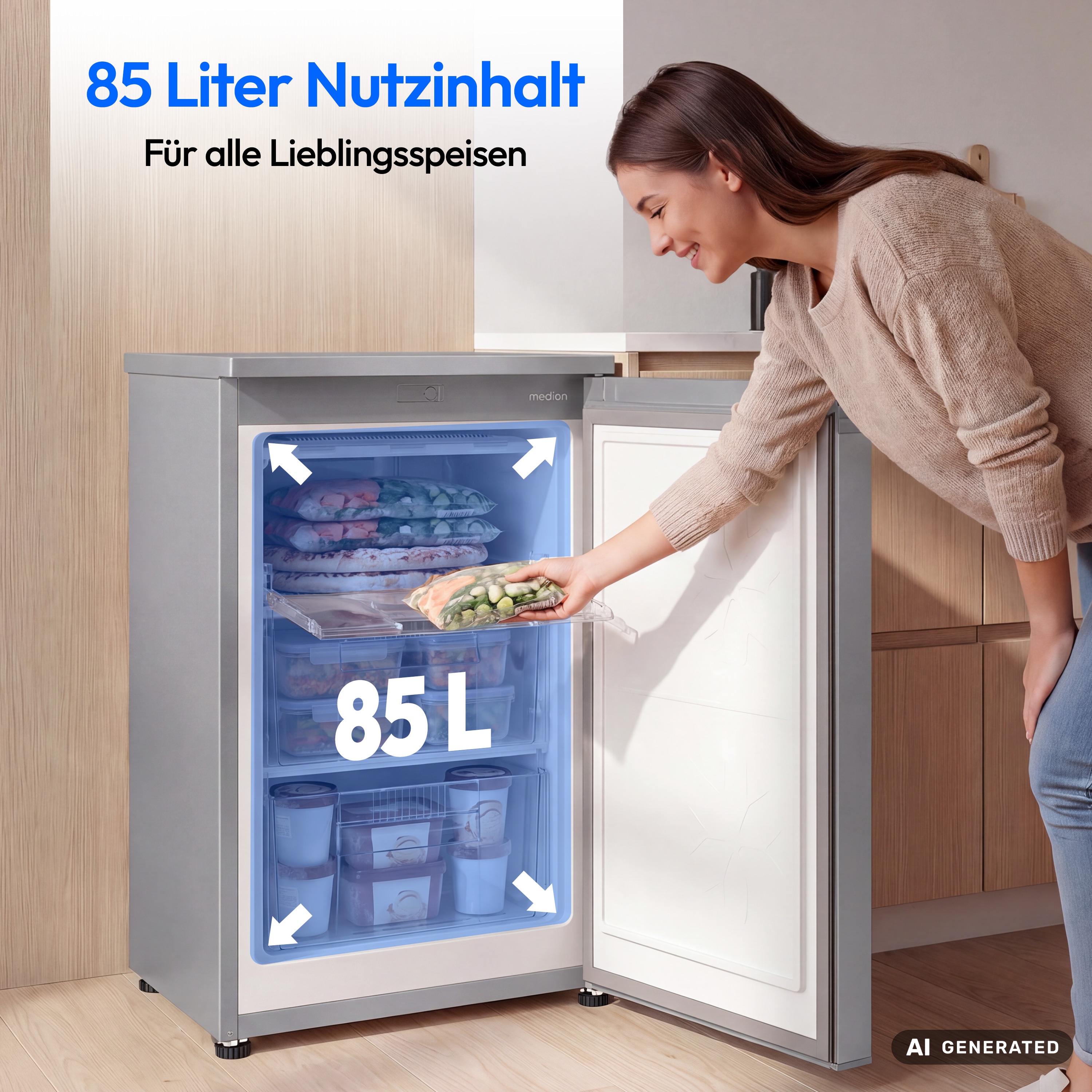 MEDION® LIFE Gefrierschrank MD370018 Weiss, 85 L Nutzinhalt, 3 Türfächer, manuelle Abtauung, Temperaturbereich 0–5 °C, Energieklasse C, leiser Kompressorbetrieb (39 dB), wechselbarer Türanschlag