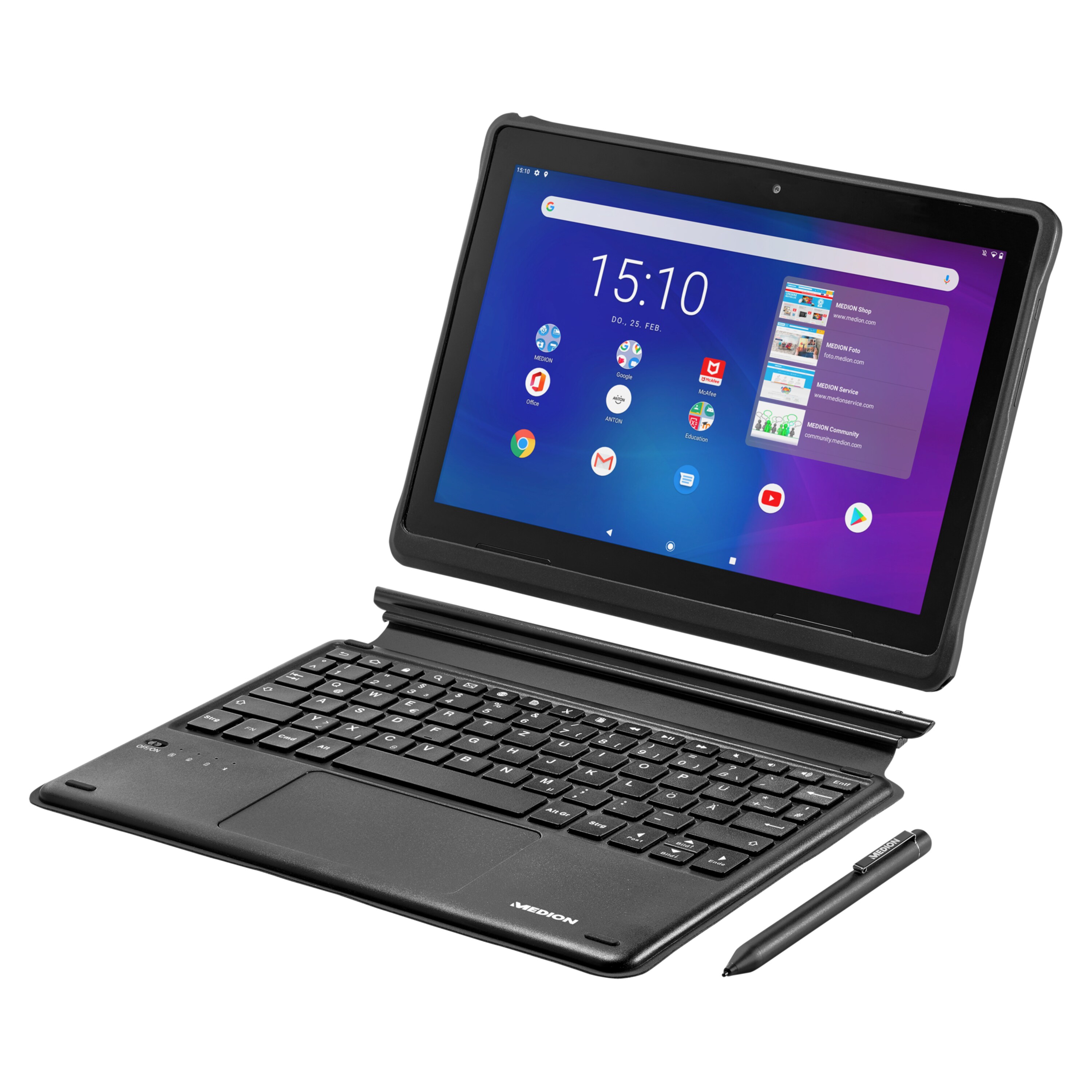 MEDION® LIFETAB® E10912 Education Tablet, 25,5 cm (10") FHD Display, Betriebssystem Android™ 10, 64 GB Speicher, 3 GB RAM, Quad-Core Prozessor, LTE, inkl. Bluetooth®-Tastatur und aktivem Stift