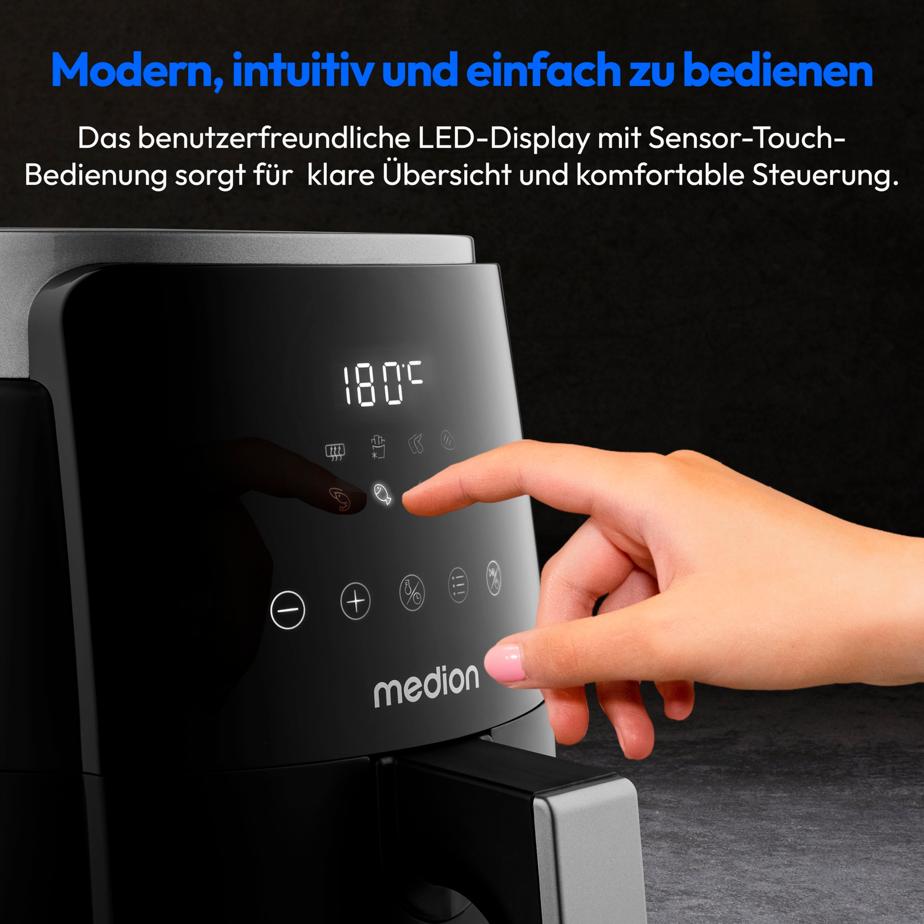 MEDION® LIFE HeißluftFritteuse P40 L (MD13030), 100 Rezepte in der Life+ App¹, Touch-Sensor- Bedienfeld, 4,7 Liter Fassungsvermögen, 8 Automatikprogramme,1.500 Watt, 60 min. Timer, 100