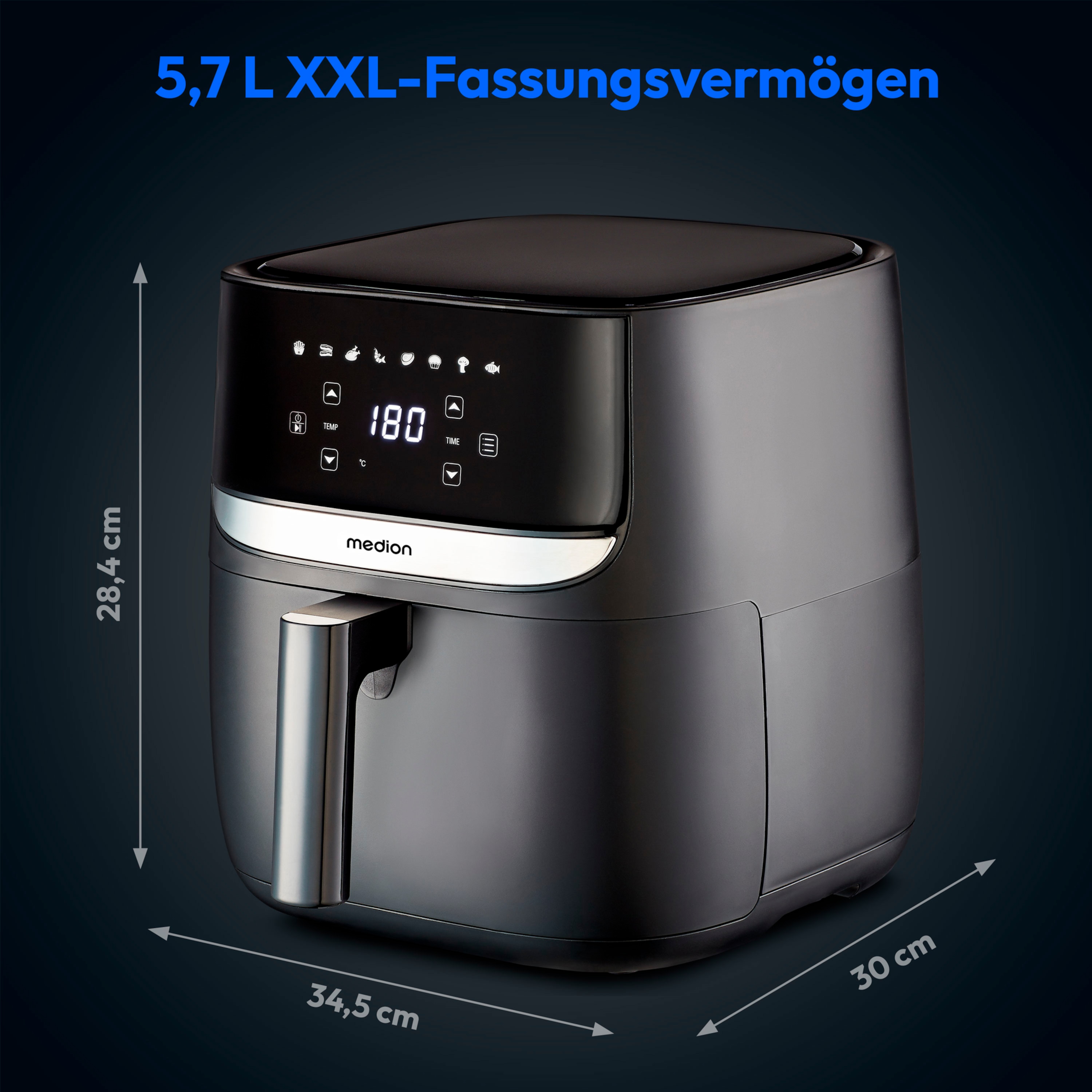 MEDION® LIFE E50 XL Heißluftfritteuse MD 10532, ölfreies Frittieren, digitales Bedienfeld, Automatikprogramme, 5,7 L Korbvolumen