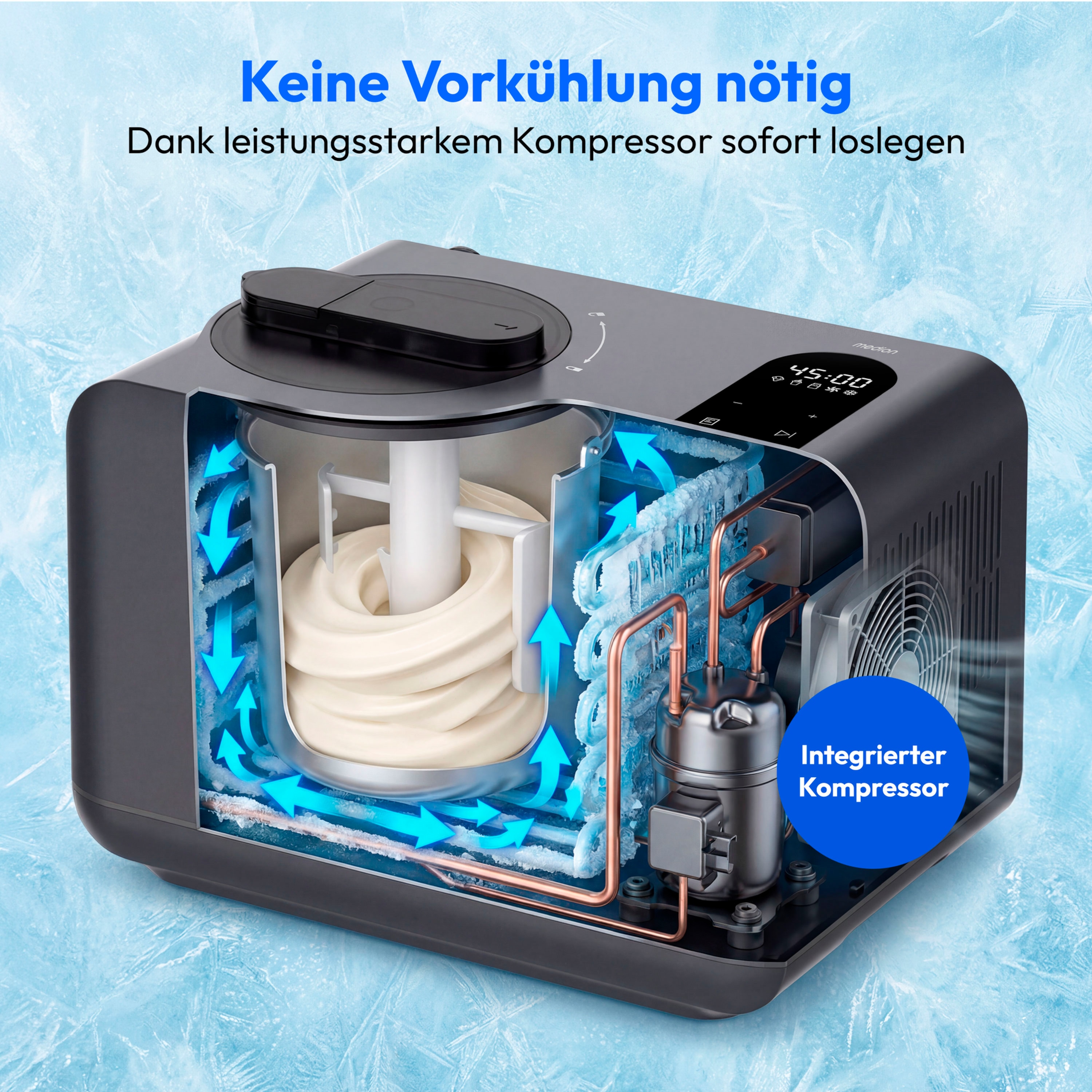 MEDION® LIFE Eismaschine MD 100087, Kapazität für 1,5 L Eis, kein Vorkühlen notwendig, LED-Display mit Sensor-Touch, mit Programmen für Eiscreme, Slush und Joghurt